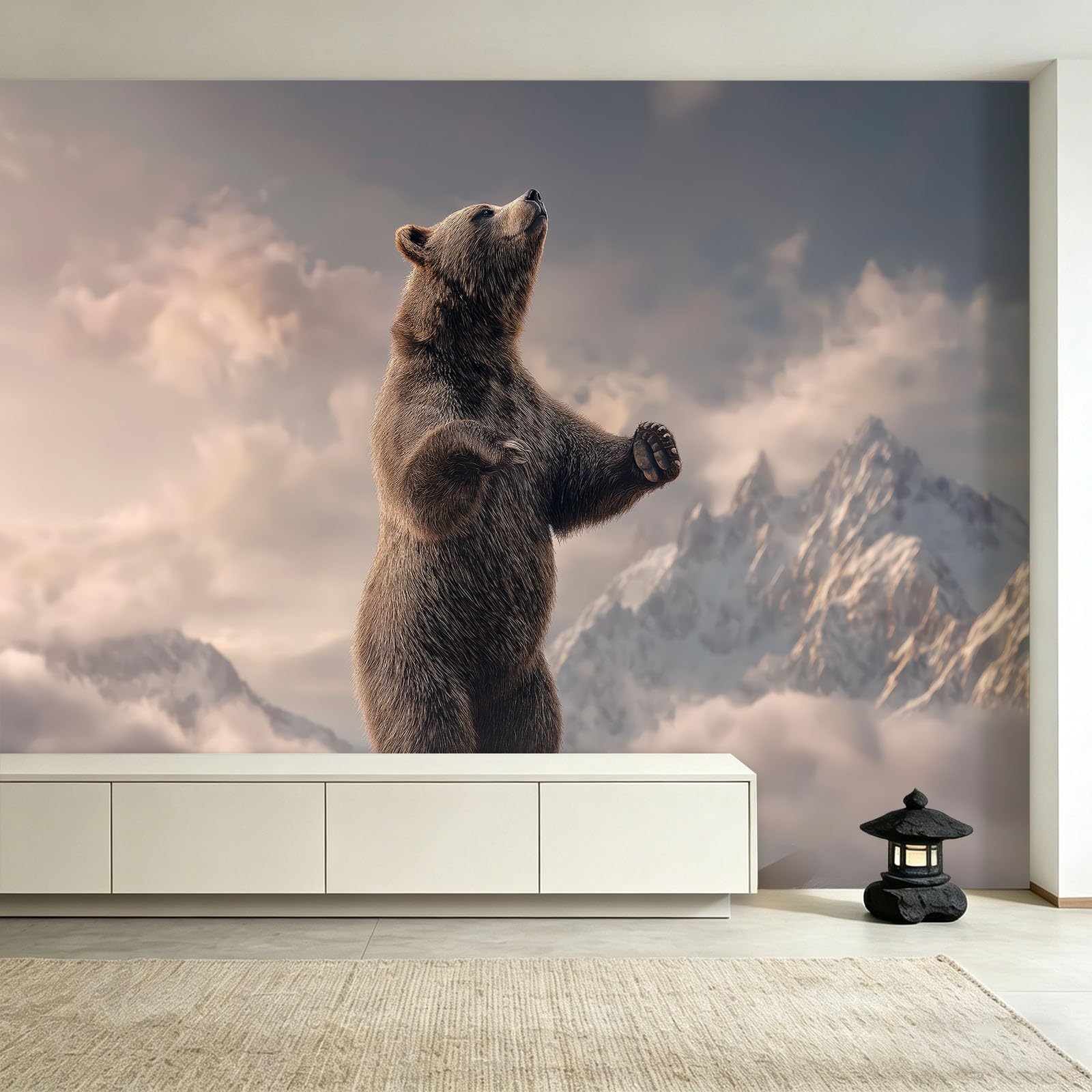Fototapeta – naturalny krajobraz 200 x 140 cm – obraz ścienny z włókniny – tapeta na flizelinie – tapeta ścienna do sypialni, salonu – zwierzę, niedźwiedź brunatny, góry śnieżne, mgła