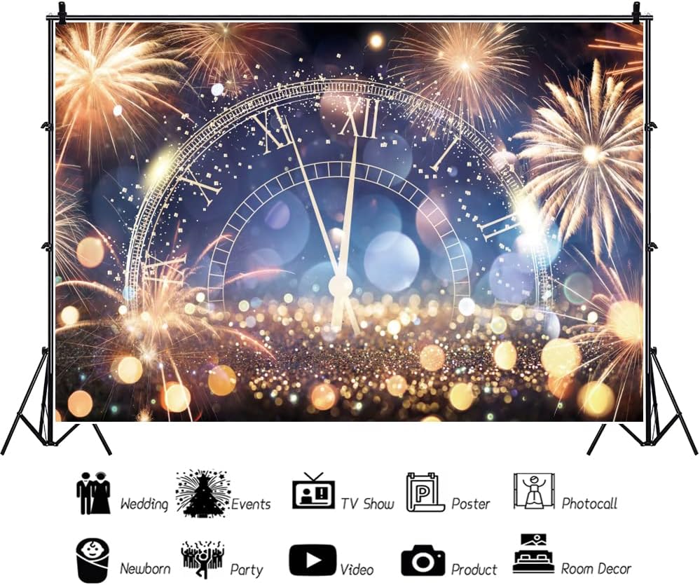 Yeele 15x10フィート ハッピーニューイヤー背景幕 きらめく花火 ボケ ハロー 時計 カウントダウン フォトグラフィー