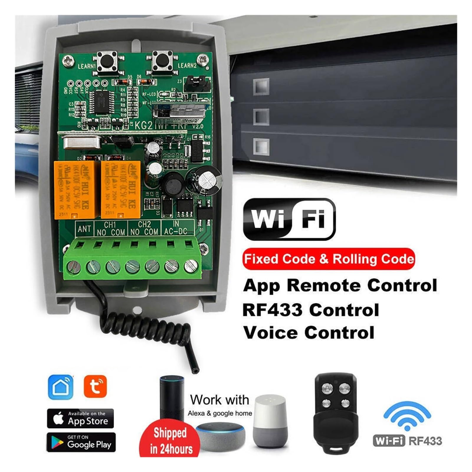 WIFI Garage Door Receiver 2CH 433.92MH-z Universal Fixed Rolling Code 7-32V(85-250V Tuya 433.92mhz receiver)