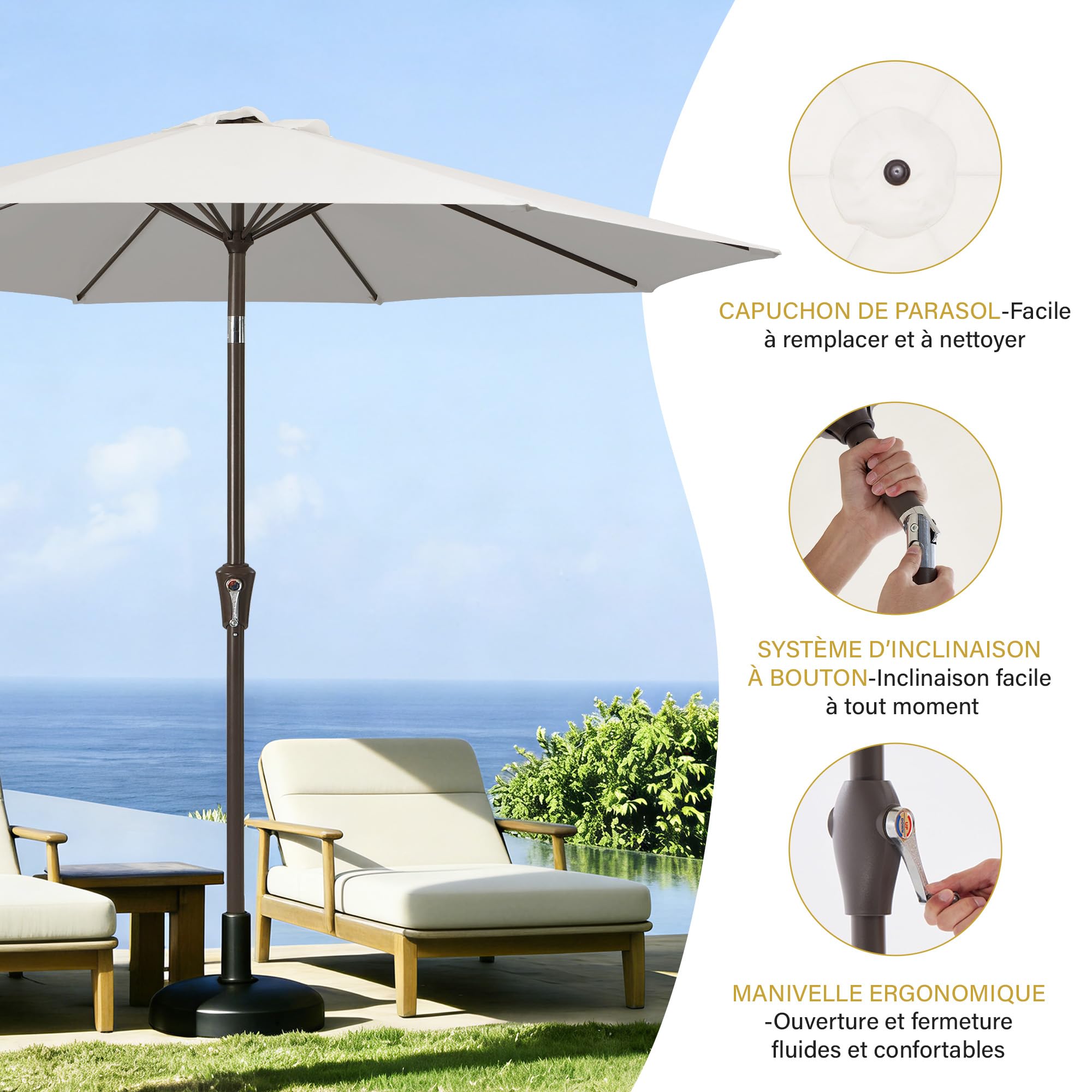 Palawano 2.7M Parasol de Jardin Exterieur Anti UV et Vent, Parasol Terrasse Balcon avec Manivelle pour Café, Jardin, Piscine et Arrière-Cour (Blanc Crème)