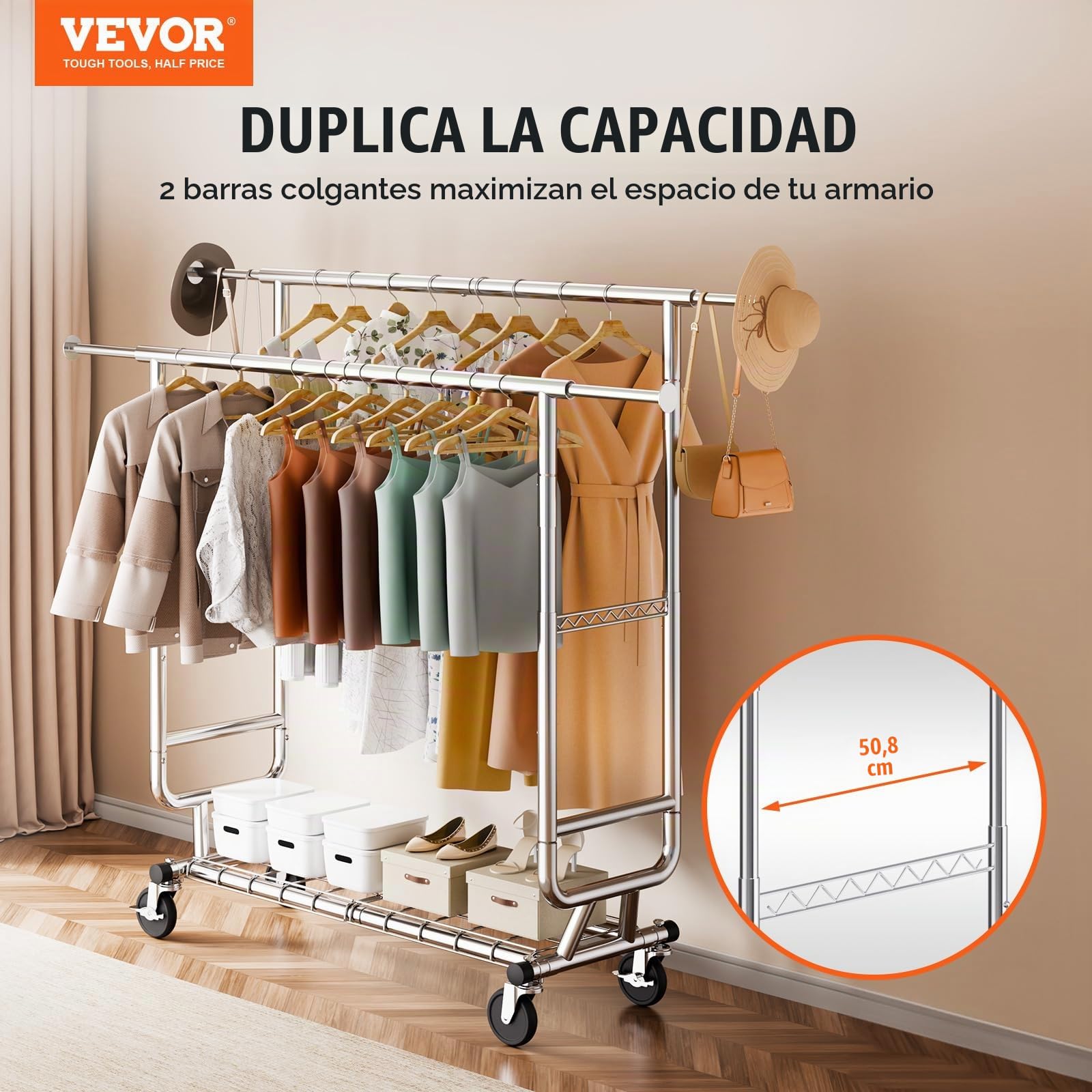 VEVOR Perchero Burro para Ropa con 4 Ruedas de 1 Estante y 2 Barras Longitud Extensible de 128-191 cm Altura de 144-187 cm Perchero de Acero Carga de 272 kg para Almacenaje de Ropas en Dormitorios