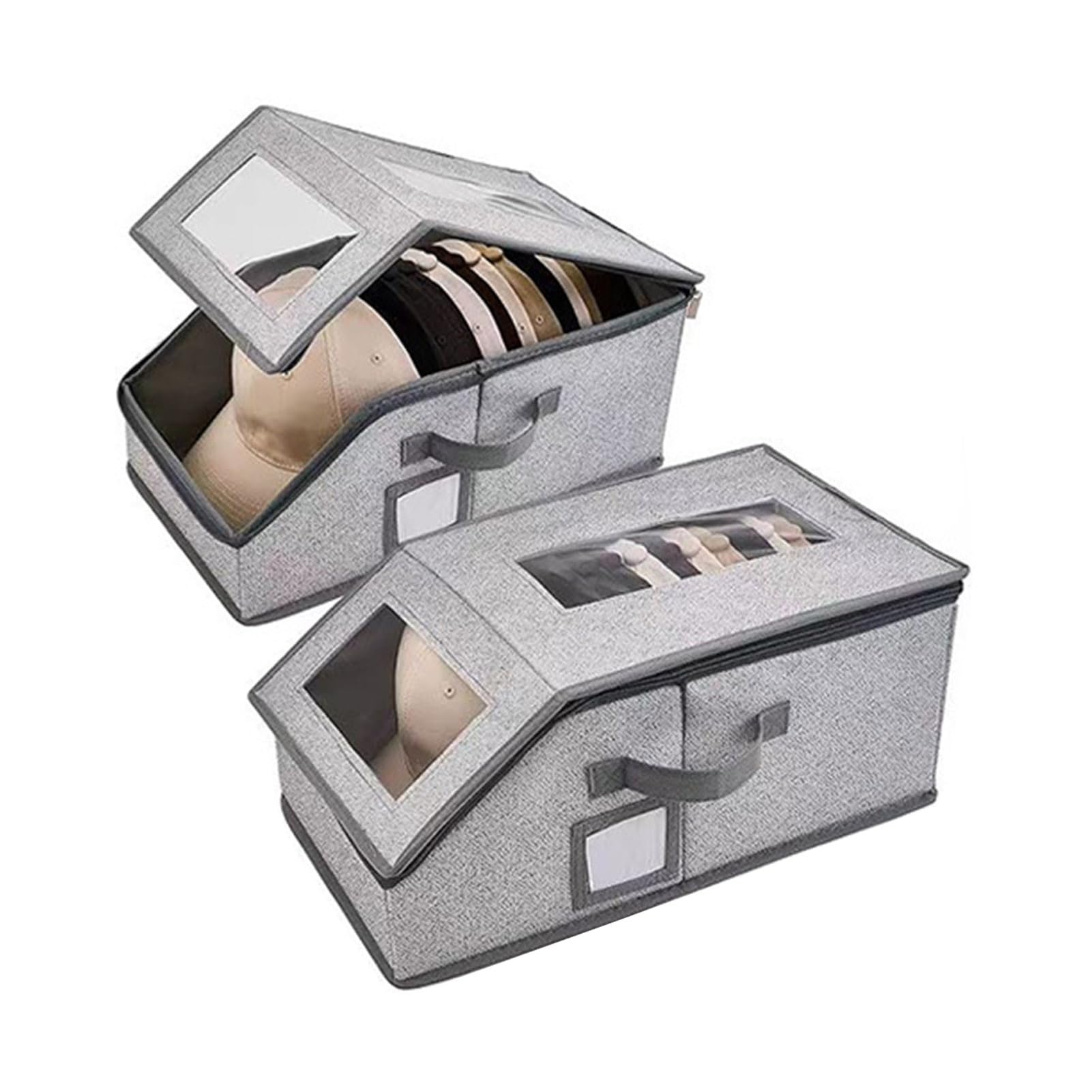 Virelynx Hat Storage Box, Stackable Baseball Cap Organiser with Zipper Closure, Dustproof Container for Wardrobe Shelf, 41x23x18cm, Fits Trucker Hats and Visors Light Grey 2pcs