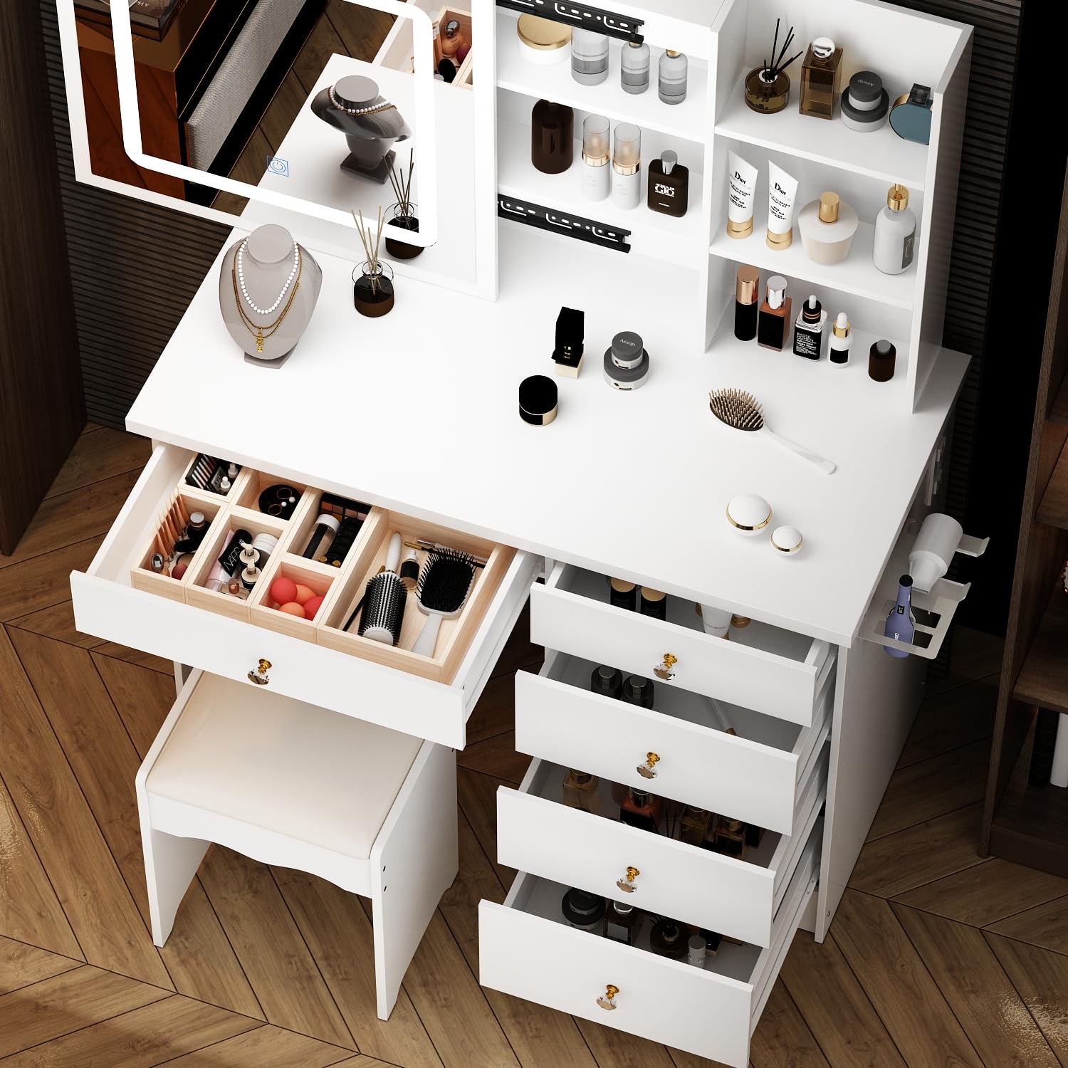 Coiffeuse Avec LED 3 Couleurs Et Grand Miroir - Table Maquillage 5 Tiroirs + Tabouret Blanc Meuble Coiffeuse Fille Coiffeuse Avec LED 3 Couleurs Et Grand Miroir - Table Maquillage 5 Tiroirs + Tabouret Blanc Meuble Coiffeuse Fille