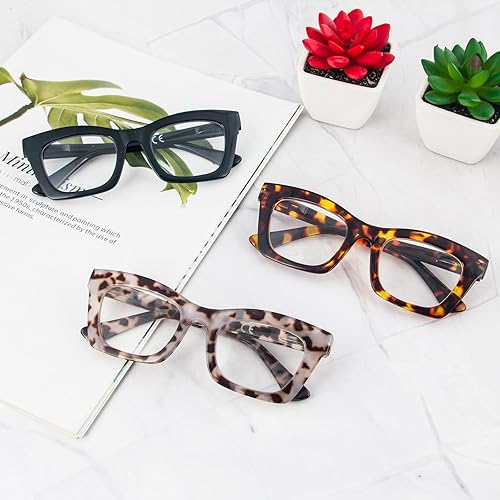 Miniatura 7 de REAVEE Paquete de 3 lentes de lectura estilo Oprah para mujer, con bloqueo de luz azul, bonitos lentes cuadrados de gran tamaño, para lectura de