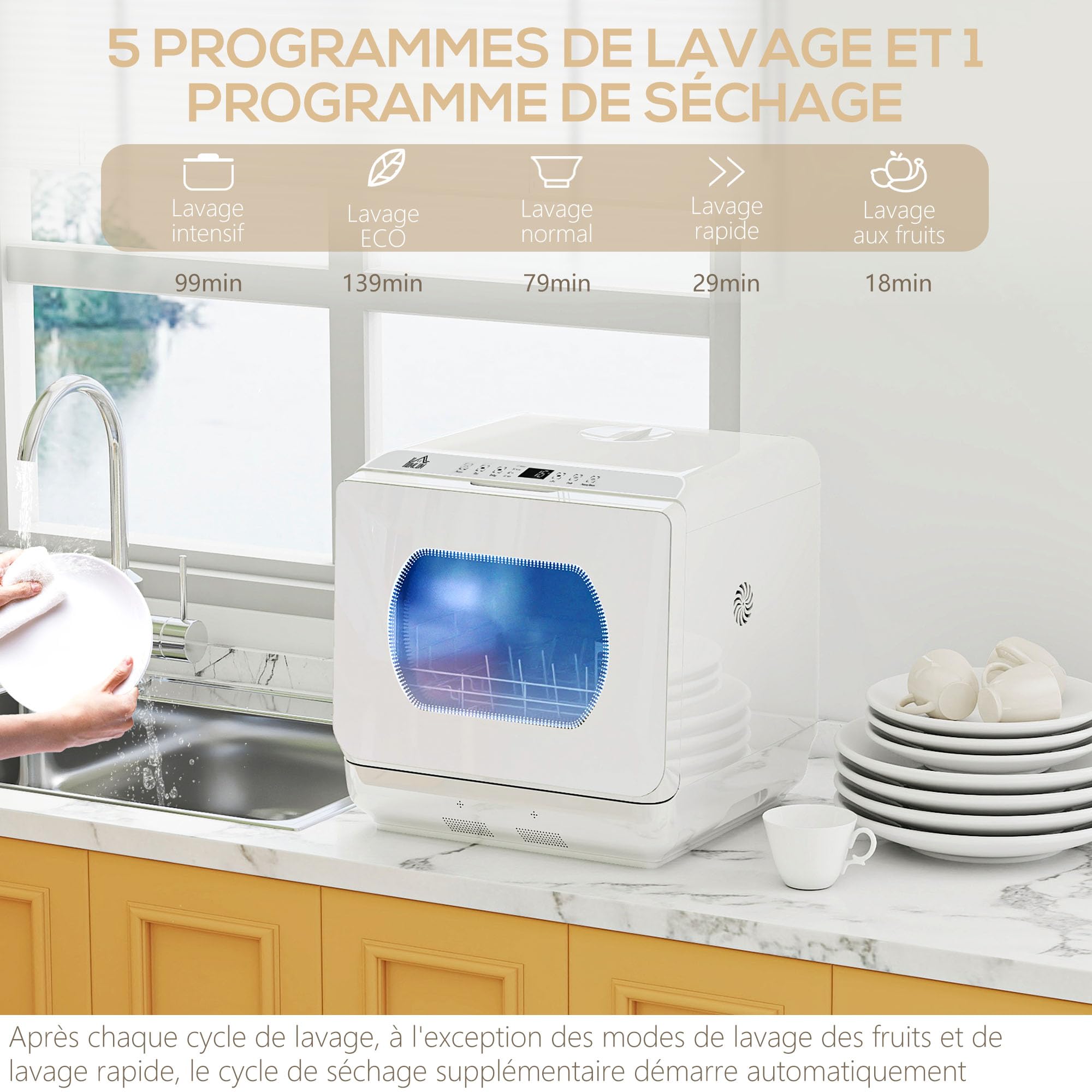 HOMCOM Mini lave-vaisselle 4 couverts, lave-vaisselle de table 5 programmes, double alimentation en eau, lavage des fruits, réservoir d'eau 6L, commande tactile, départ différé, affichage LED, blanc