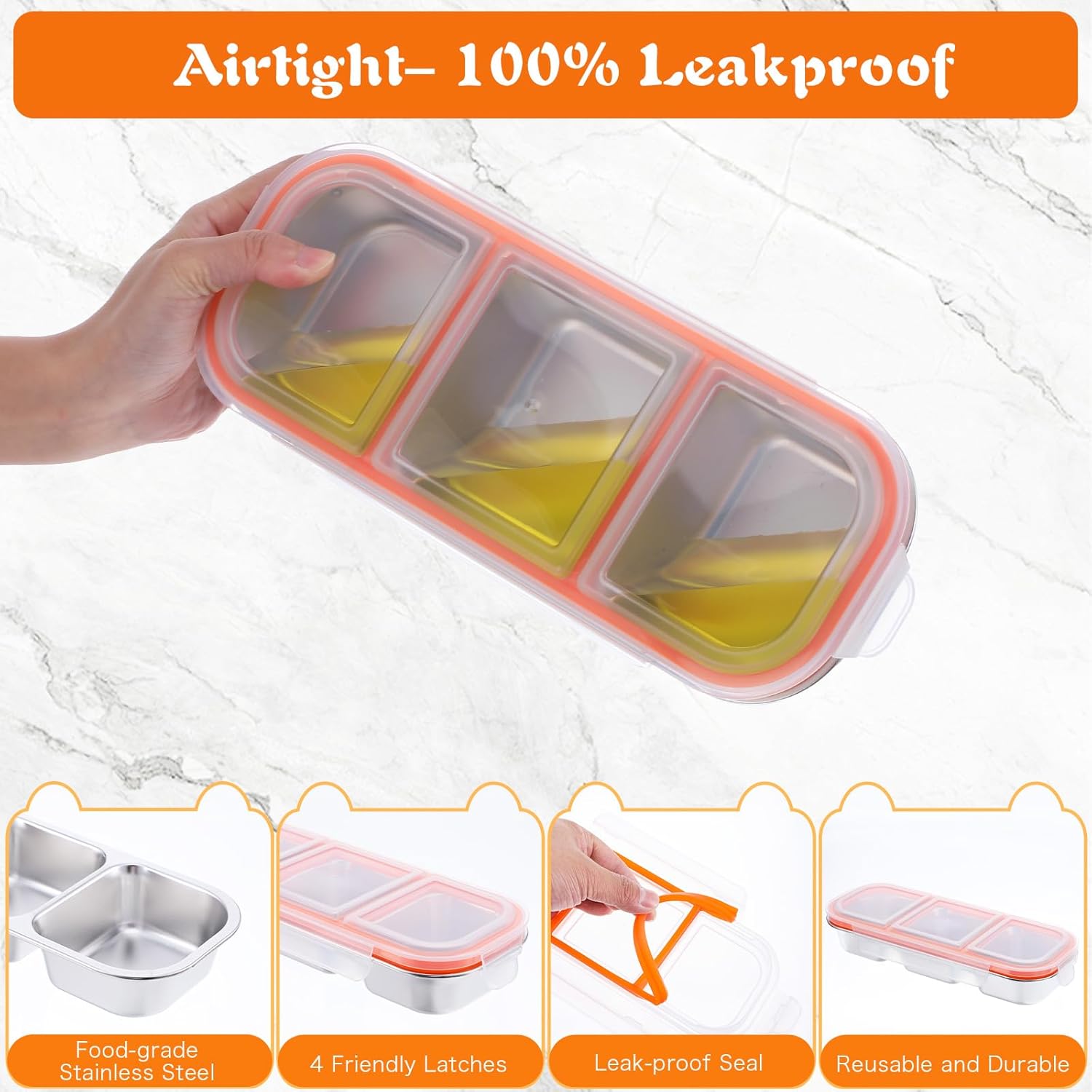 2 Pack Stainless Steel Snack Containers with Lids - 3 Compartment Stainless Steel Snack Box, 20oz (600ml) Leakproof Food Storage for Home, Work, Travel (10.3" x 4.05" x 1.57") - Image 3