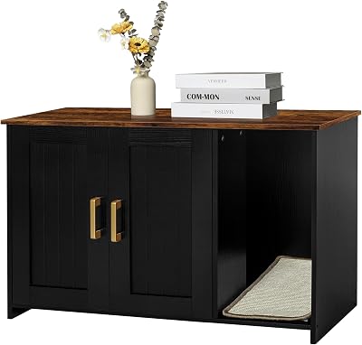 DWANTON Litter Box Enclosure, Cat Litter Box Furniture Hidden, with Scratching Mat, Wooden Cat Washroom Indoor, 31.5" L x 19.7" W x 21.7" H, Black and Rustic Brown