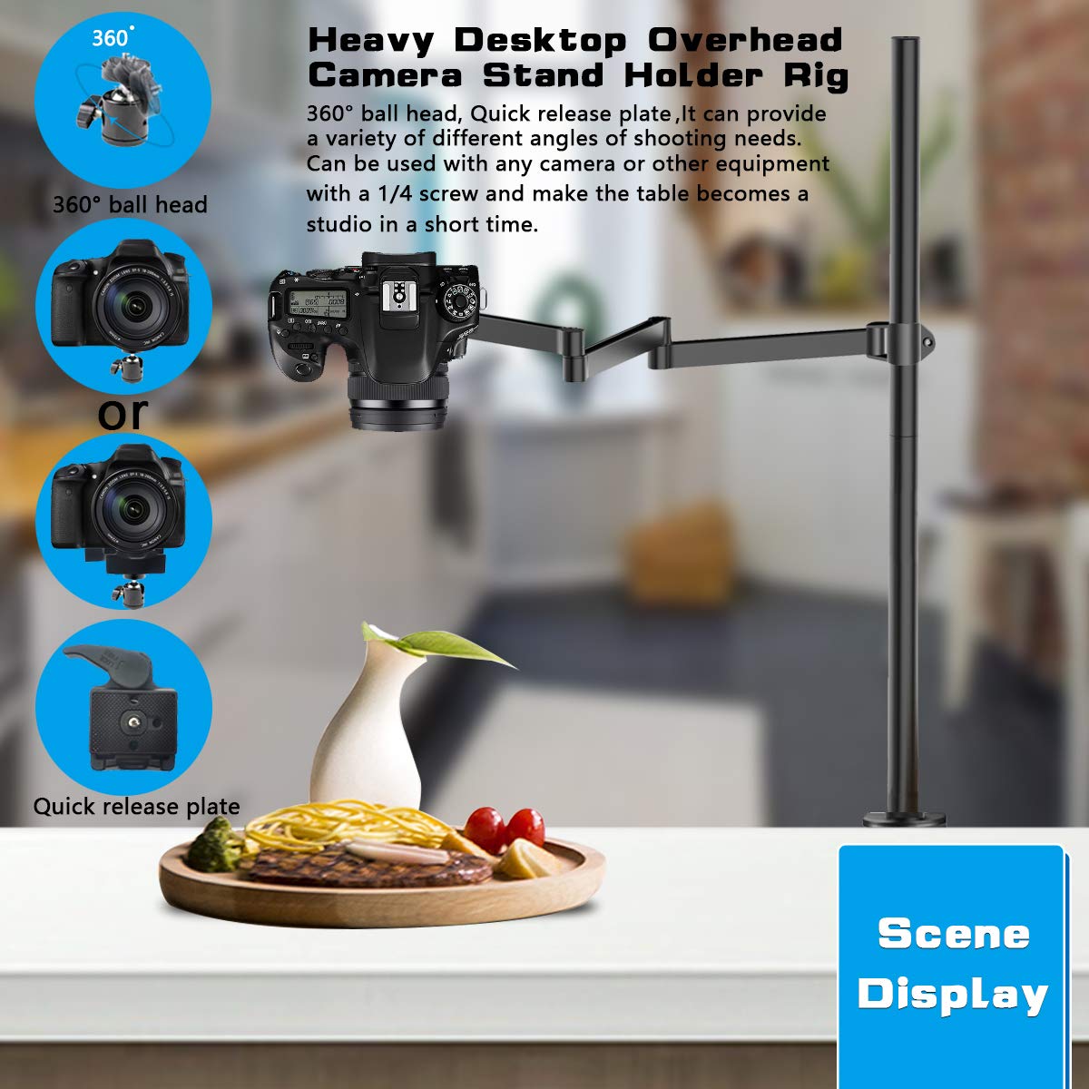 Heavy Desktop Overhead Camera Mount Rig Stand, Top Down DSLR