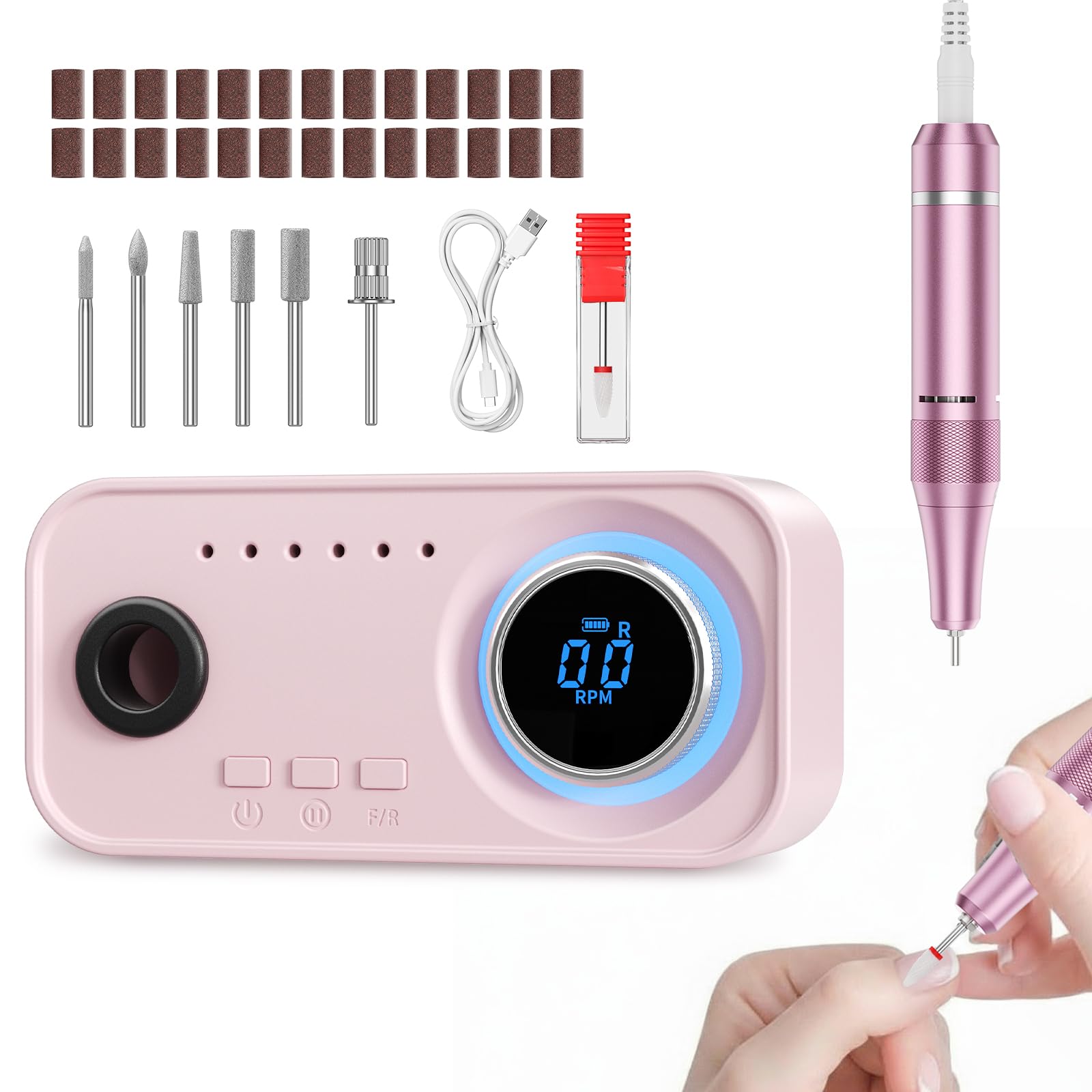 Fresa per Unghie Professionale 36000 RPM, 4000 mAh, Portatile Lima Elettrica per Unghie Con 12 Testine Di Levigatura, Display LCD Ricaricabile Batteria Design, Rotazione Bidirezionale (Rosa)