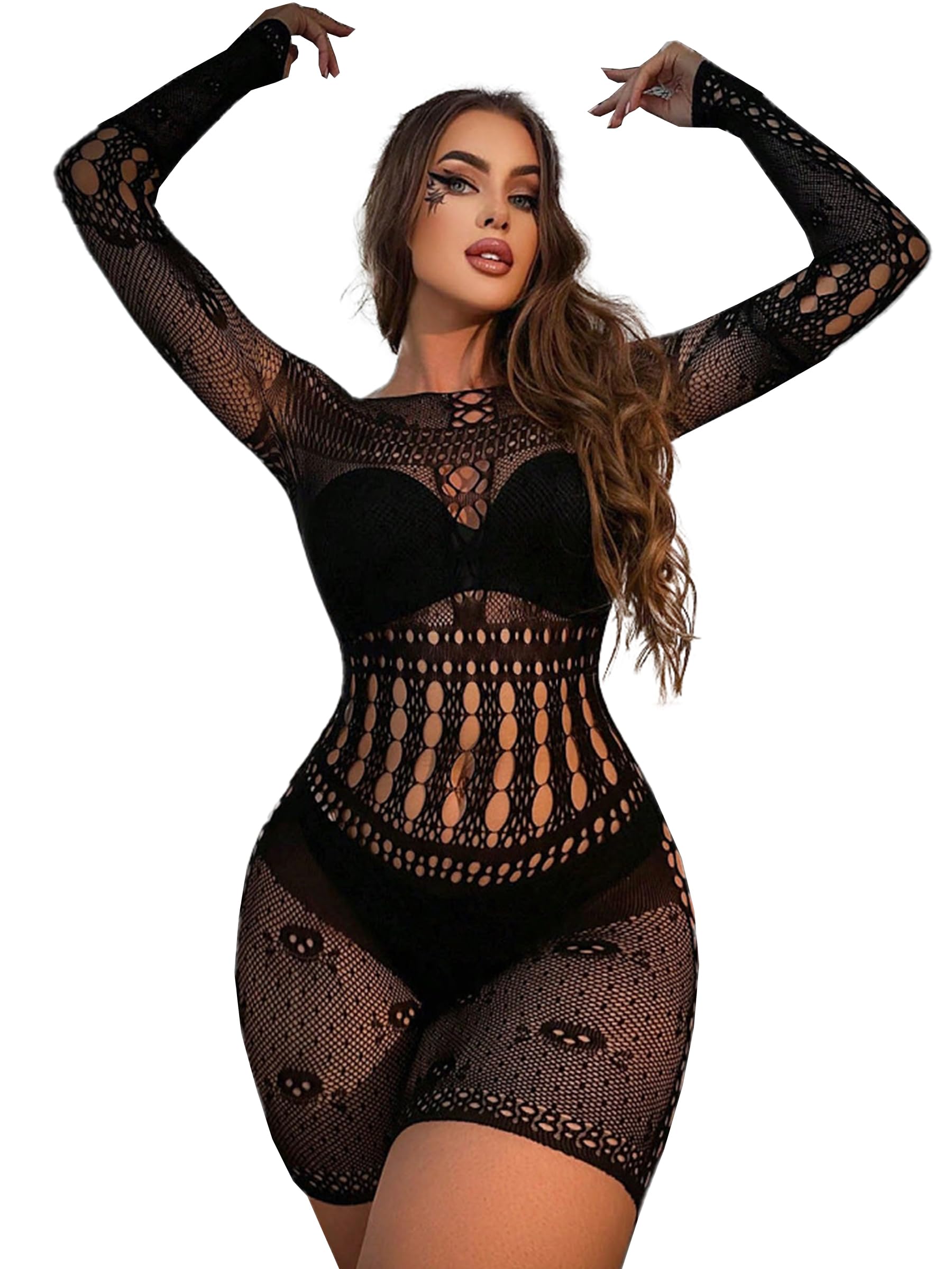 Buitifo Woman Nylon Lingerie Bodysuit Fishnet Bodystocking Sexy Tights Rave Outfits(BlackGT,M)