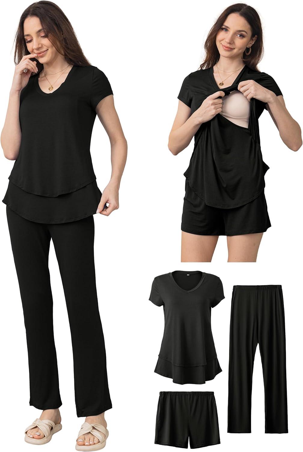 SUNNYBUY 3 PCS Maternity Breastfeeding Pajamas Set, Hidden Nursing Tops, Adjustable Pregnancy Shorts & Pants Postpartum PJS