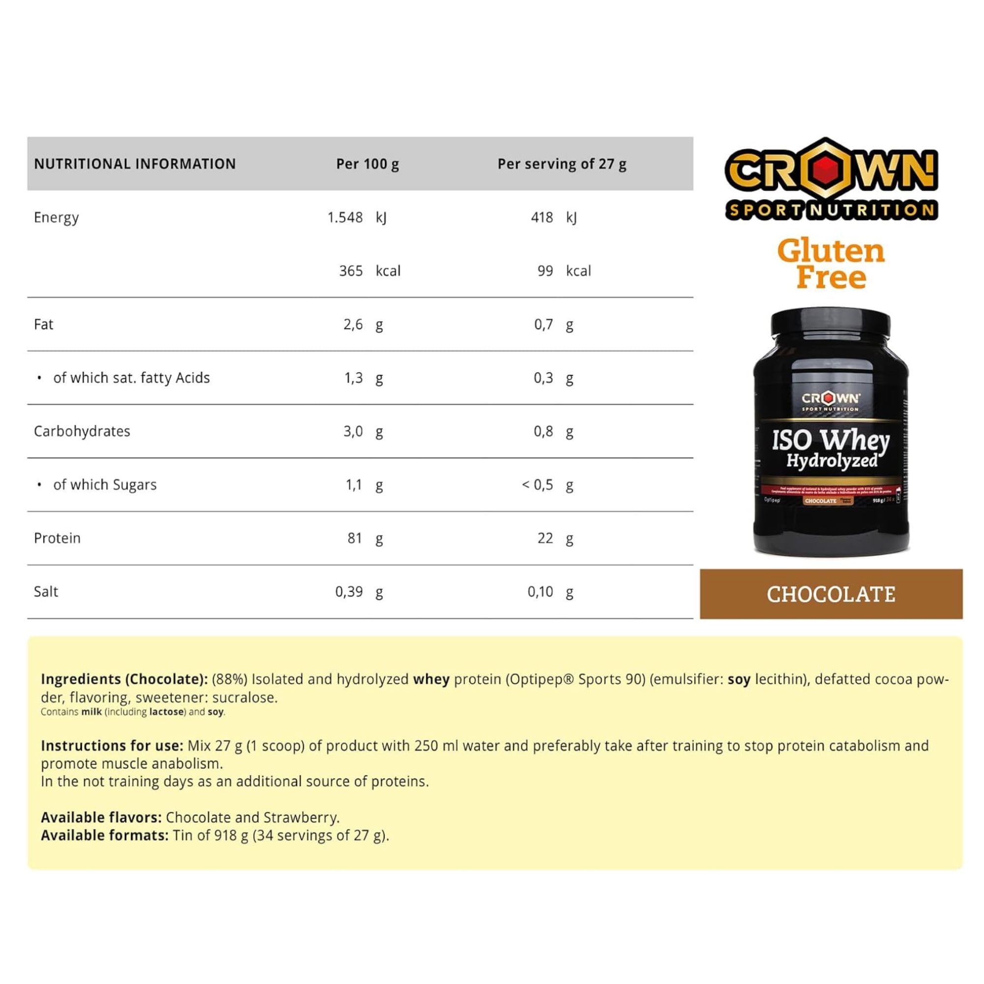 Crown Sport Nutrition ISO Whey Hydrolyzed Chocolate | Proteína Hidrolizada Optipep® 90 | > 87% Proteína Aislada Sin Lactosa | BCAA y Glutamina | 918 g 34 tomas | Informed Sport