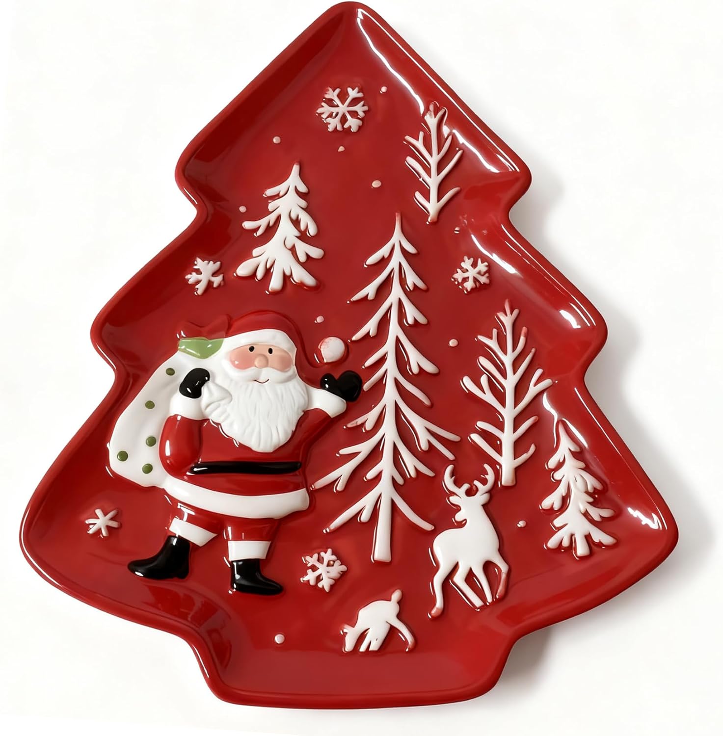 10.3 Inches Christmas Tree Plates Chip & Dip Set, Red Xmas Ceramic Snack Plate, Santa Claus High Relief Porcelain Appetizer Dessert Fruit Salad Saucers Bowls, Cutlery Platter Serving Dishes