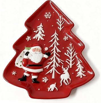 10.3 Inches Christmas Tree Plates Chip & Dip Set, Red Xmas Ceramic Snack Plate, Santa Claus High Relief Porcelain Appetizer Dessert Fruit Salad Saucers Bowls, Cutlery Platter Serving Dishes
