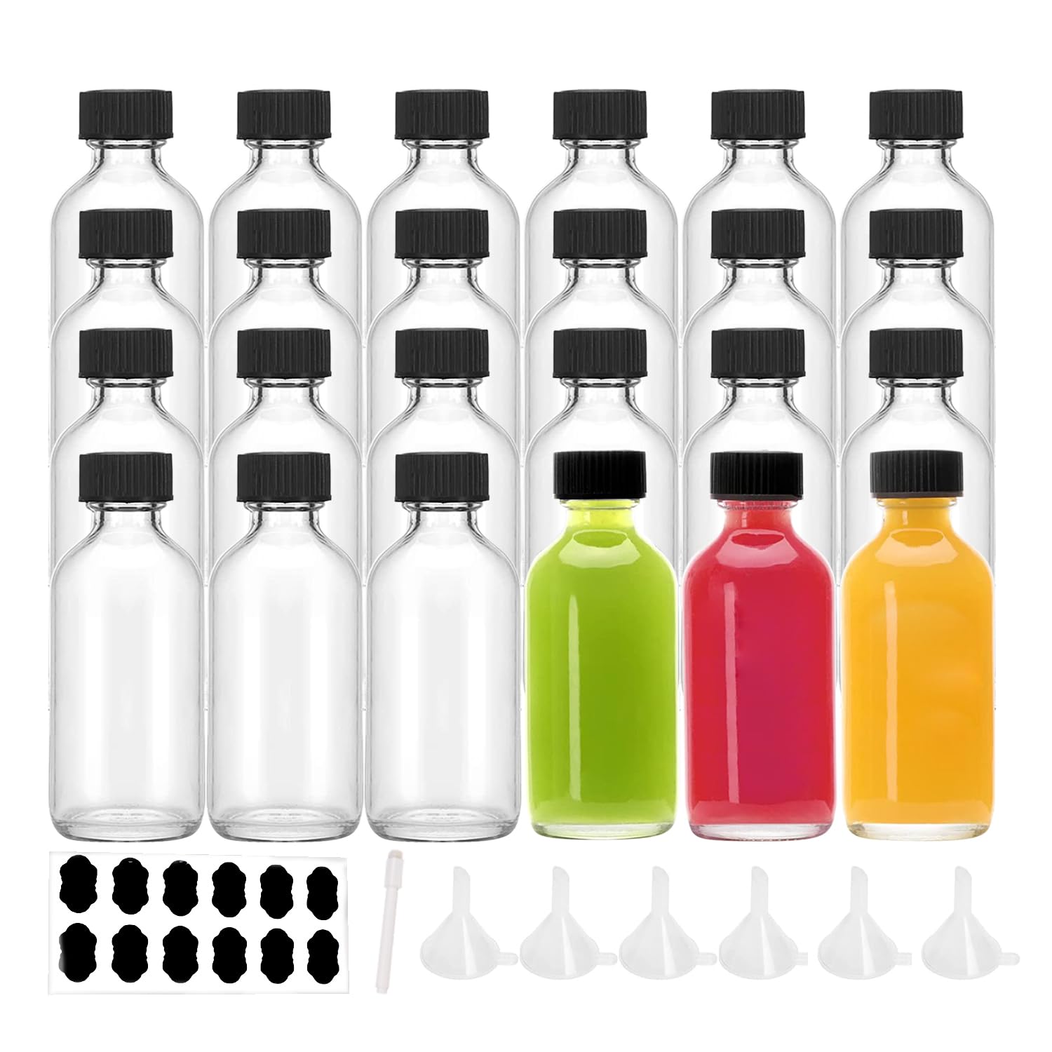 YBCPACK 24 Pack 60ml Glass Shot Bottles with Lids, Small Ginger Bottles for Juice Essential Oil