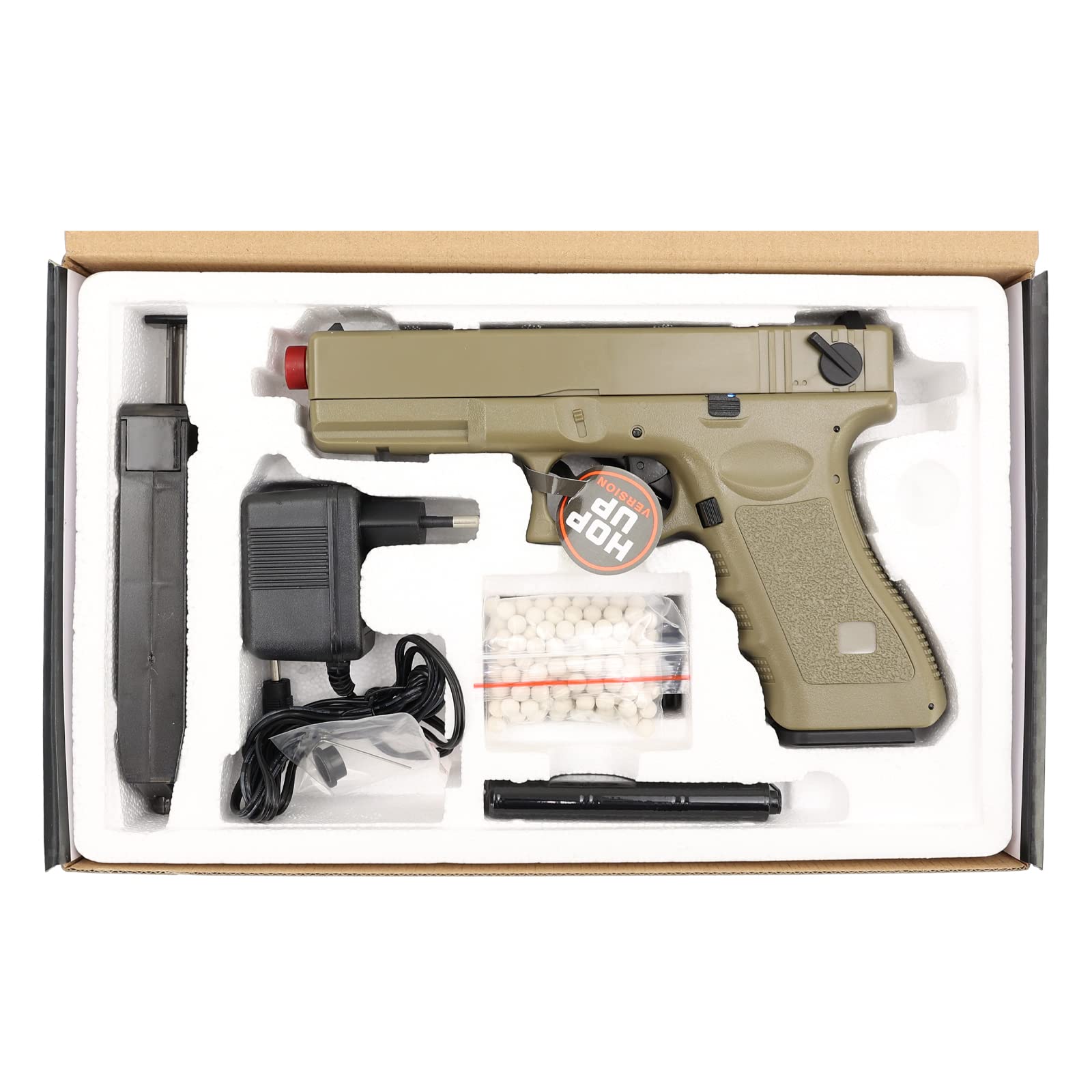 Cyma C18 Softair Pistole CM030 AEP TAN I 0,5 Joule Kal. 6mm Airsoft Set inkl. Akku, Ladegerät & OpTacs Patch I Vollautomatisch & Semi elektrisch