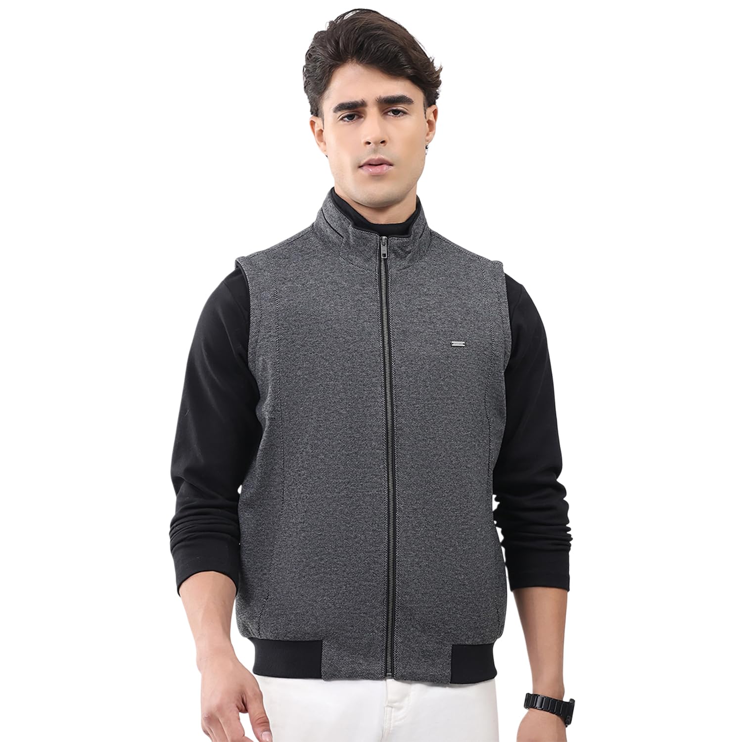 Men Regular Fit Solid Pattern Mock Neck Side Pocket Zipper Sleeveless Winter Coat-image-30