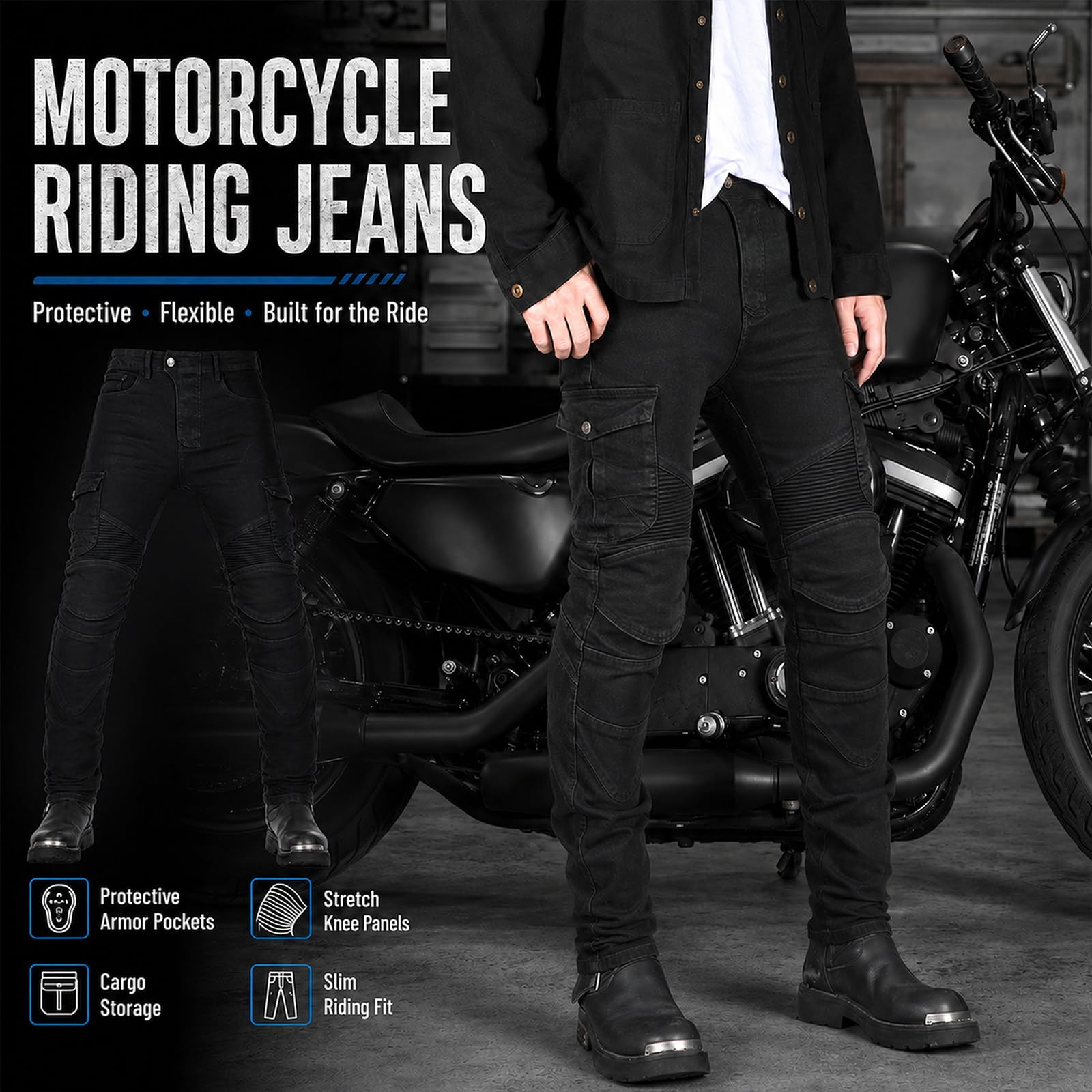 LZQpearl Herren Motorradhose, Männer Frauen Motorrad-Jeanshose Schutzhose mit 2 Paar abnehmbaren Schutzpolstern für Hüfte und Knie, Mit Protektoren Motorradjeans