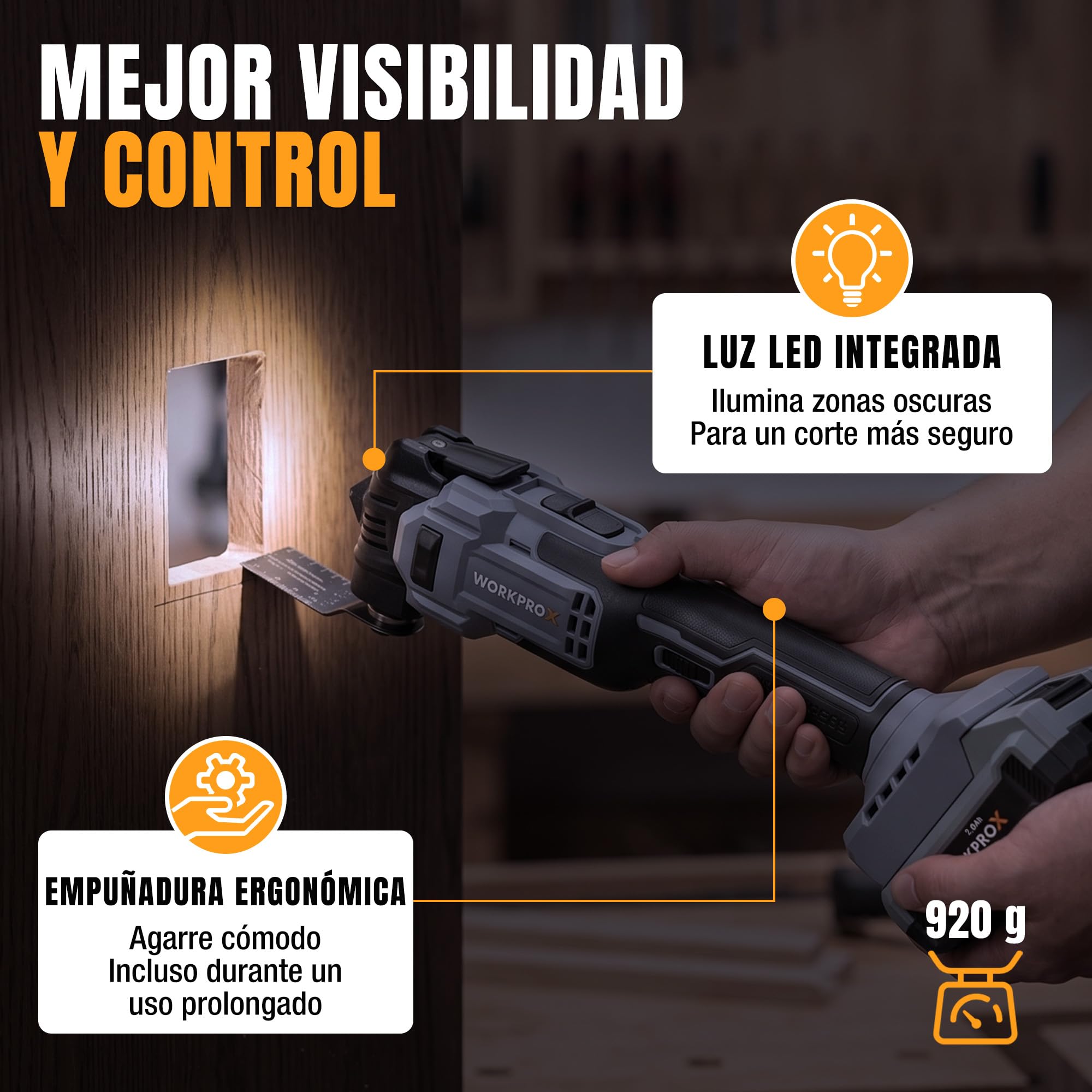 WORKPROX Multiherramienta Oscilante a Batería 20V con Motor Sin Escobillas | 6 Velocidades, Oscilación de 3,6°, Batería Incluida, 22 Accesorios y Bolsa, para Cortar, Raspar y Lijar