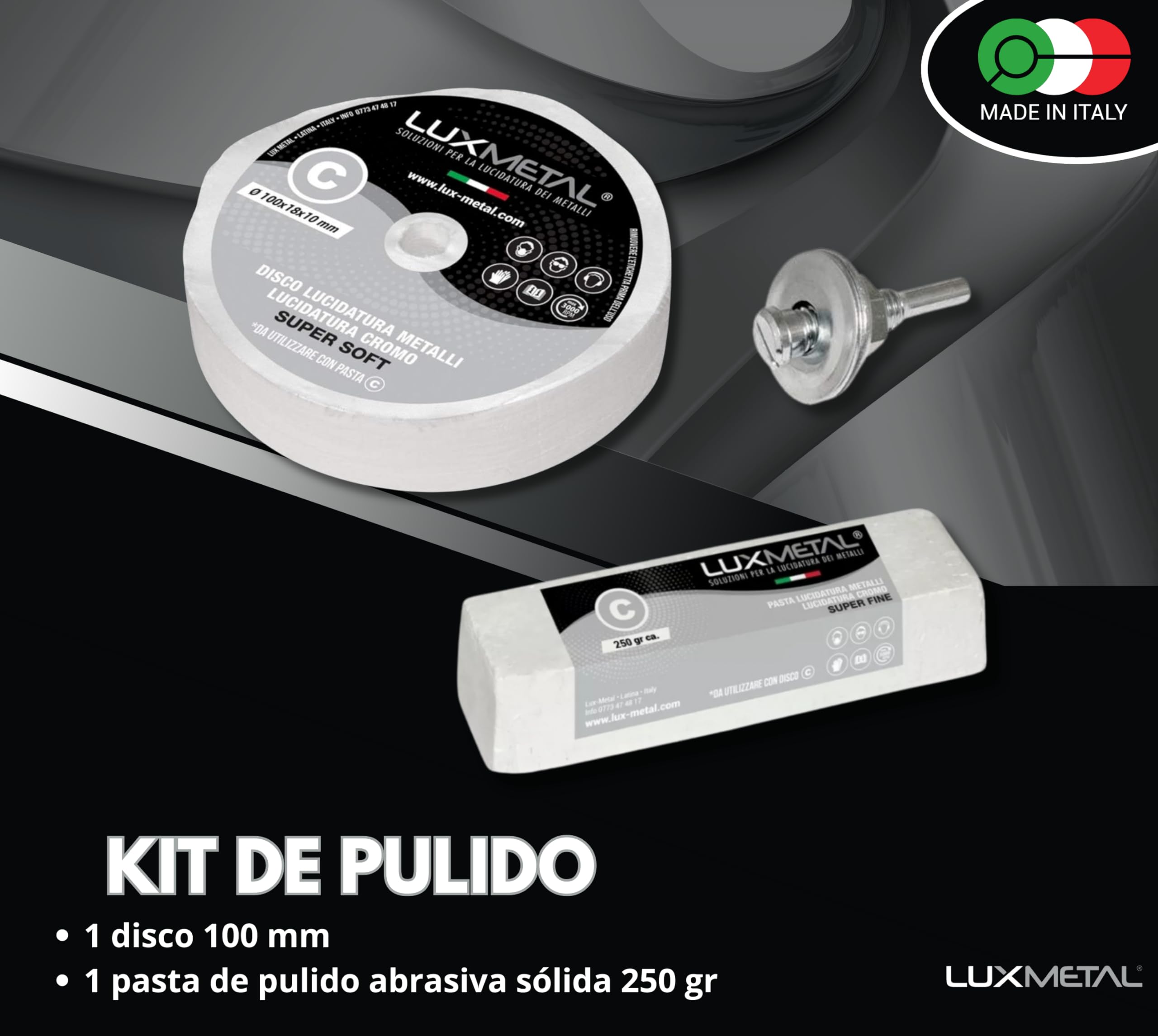 Lux Metal Kit de 1 pasta abrasiva abrillantadora de 250 g y 1 disco de pulido de algodón de 100 mm (S-Fine) para pulir metales, acero inoxidable, aluminio, hierro pulido, cromo, plexiglás, mármol,