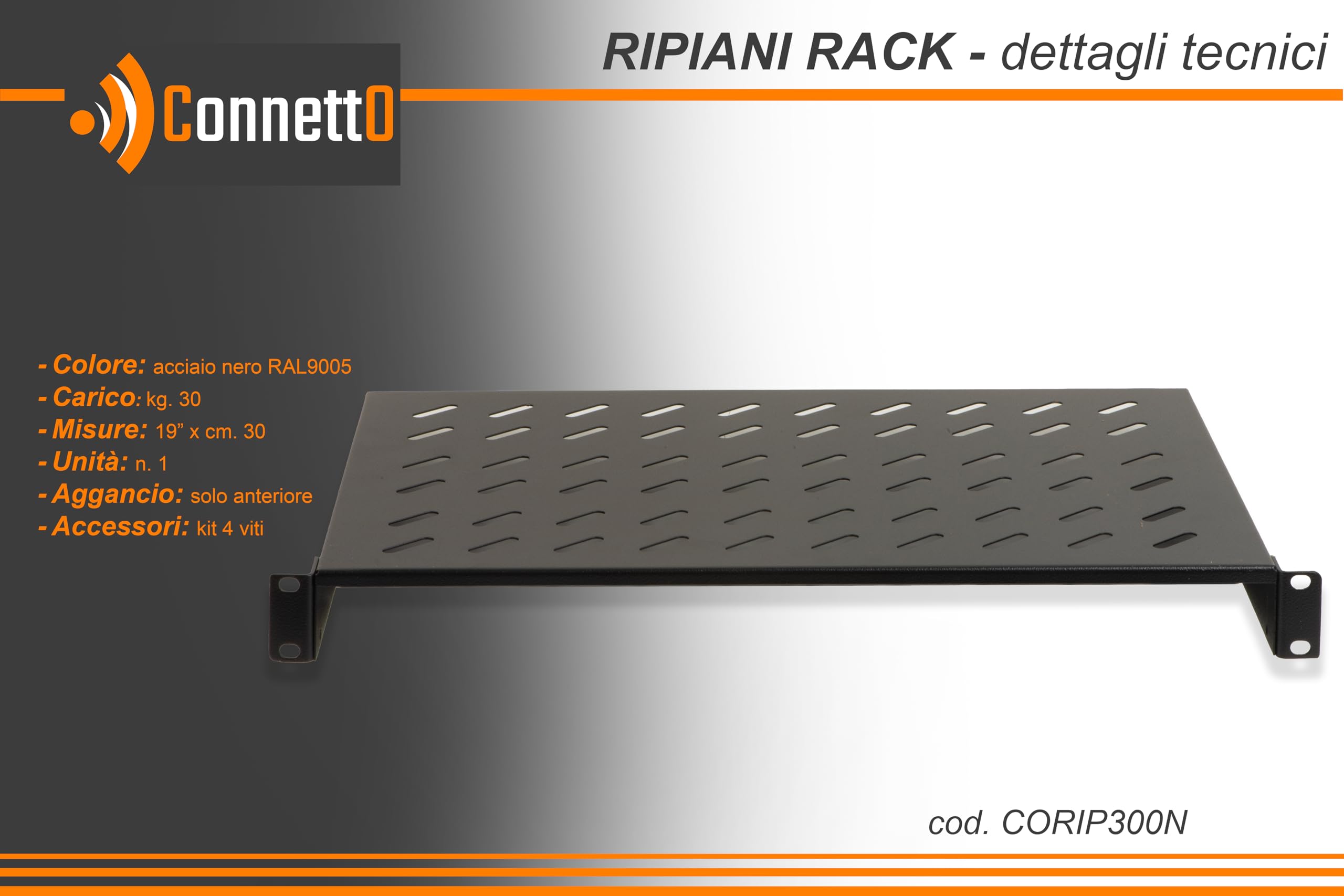 CORIP300N Stahlregal für Rackschrank mit 30 kg Tragfähigkeit und perforierter Oberfläche für Luftzirkulation 48,5 x 30 x 4,5 cm, Farbe Schwarz RAL9005
