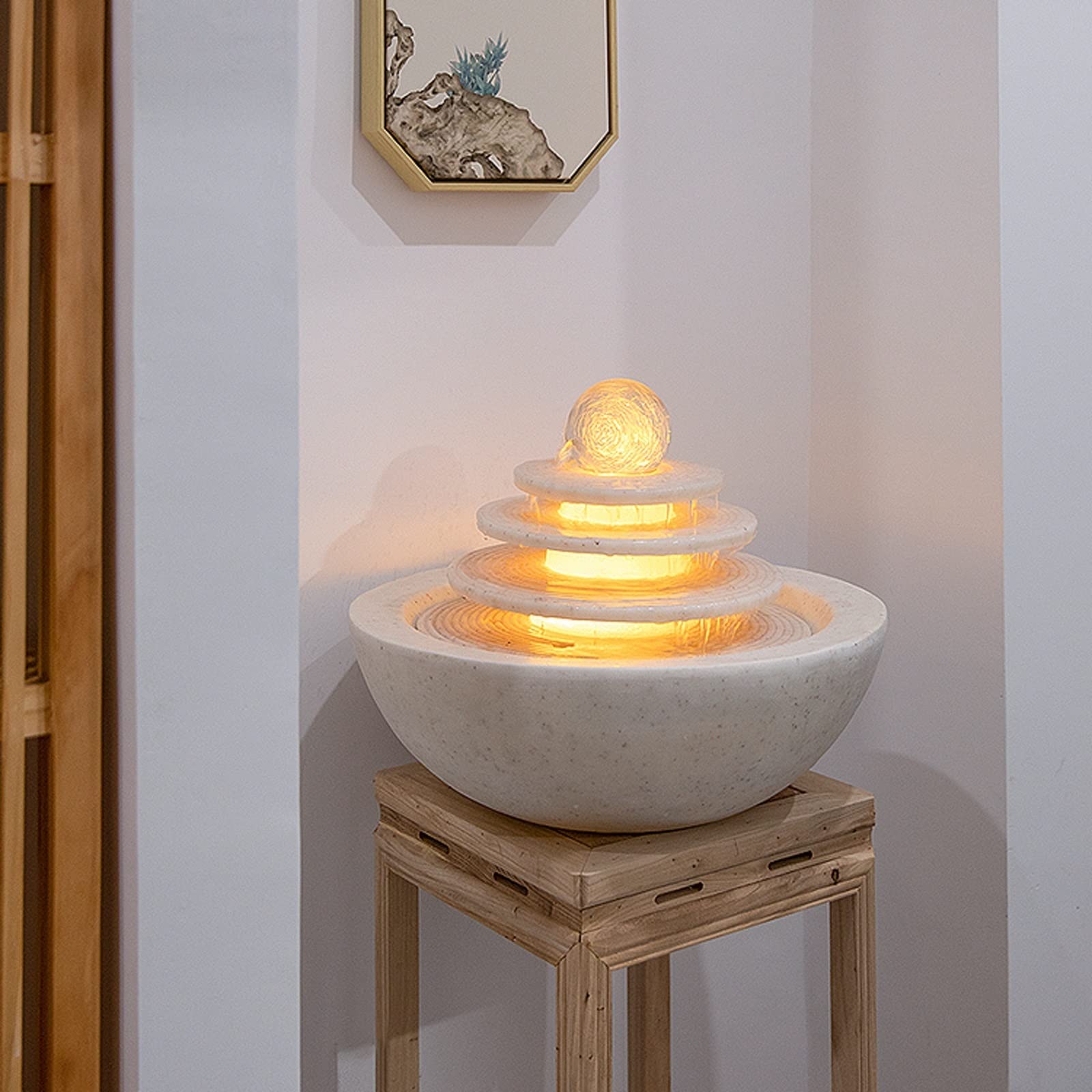Fuente decorativa de jardín, fuente de agua con cascada, de resina, con iluminación LED, bola de cristal, bomba de agua, Feng Shui Zen, decoración para salón, dormitorio, oficina, 28,4 x 28,4 x 20 cm