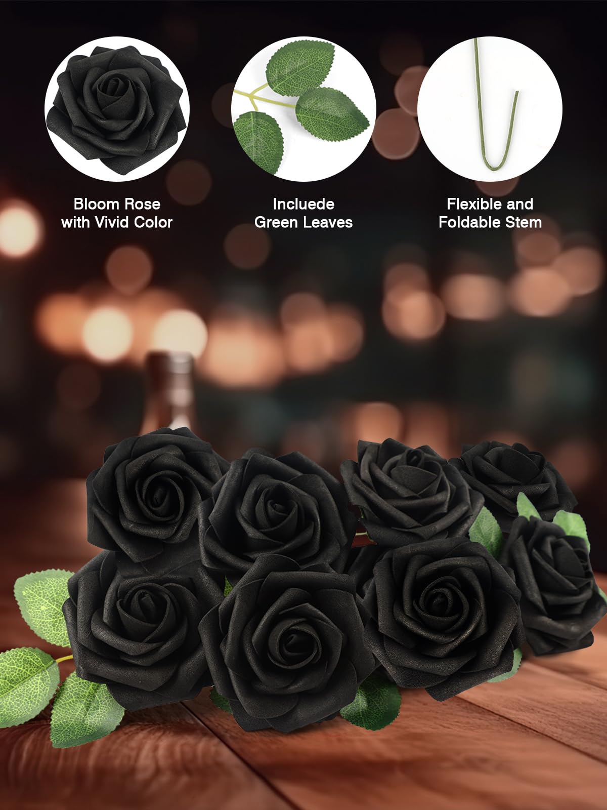 Amajoy, 50 rose artificiali color avorio, realistiche al tatto, con 6 foglie artificiali, per bouquet fai da te, matrimoni, feste, baby shower, decorazione per la casa