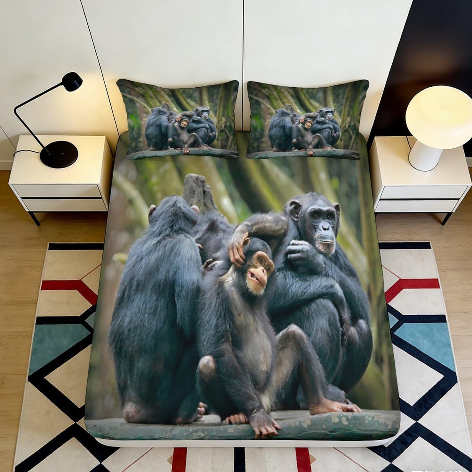 3D Printed Jungle Animal Fitted Sheet Microfiber Deep Pocket Non-Slip Monkey Mattress Fitted Cover Washable Bedroom 200x200x25cm