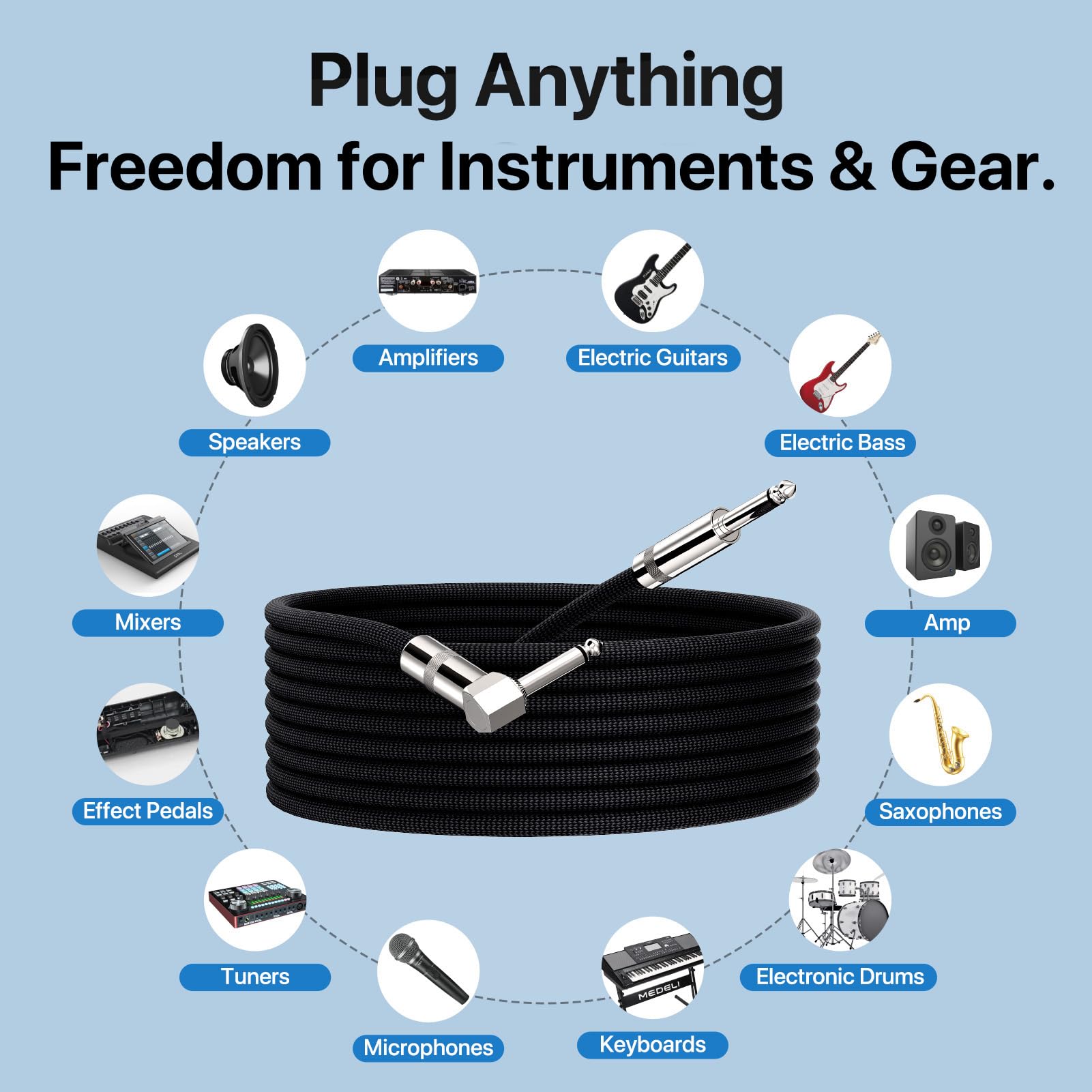 Gitarren-Patchkabel für Gitarreneffekt, geräuschloses Kabel, rechtwinklig, 0,6 cm TS auf 0,6 cm TS auf 0,6 cm TS schwarz-blaue Stoffummantelung