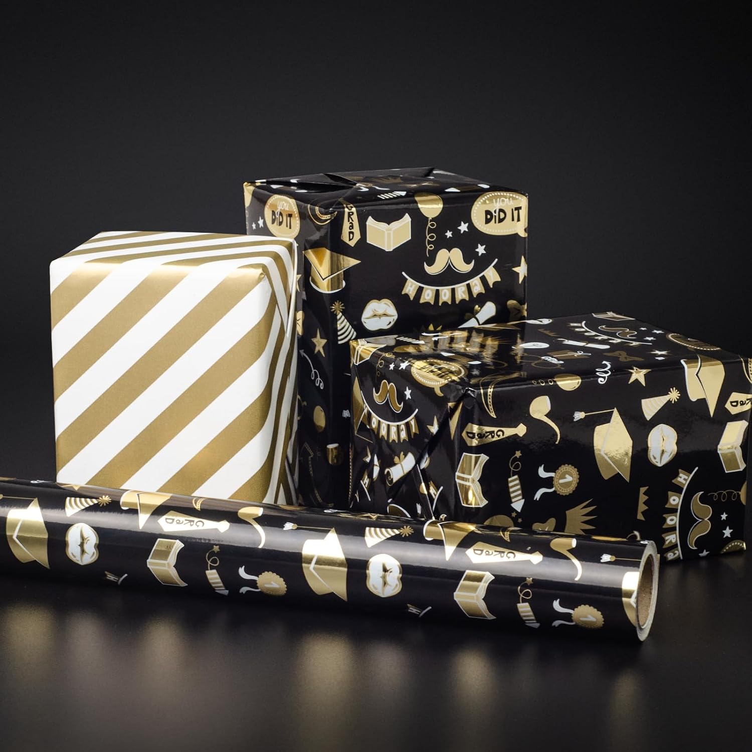 LDGOOAEL Mini Wrapping Paper Roll - Reversible Design (17 Inches X 32.8 Feet) - Black Gold for Graduation Day, Birthday, Baby Shower