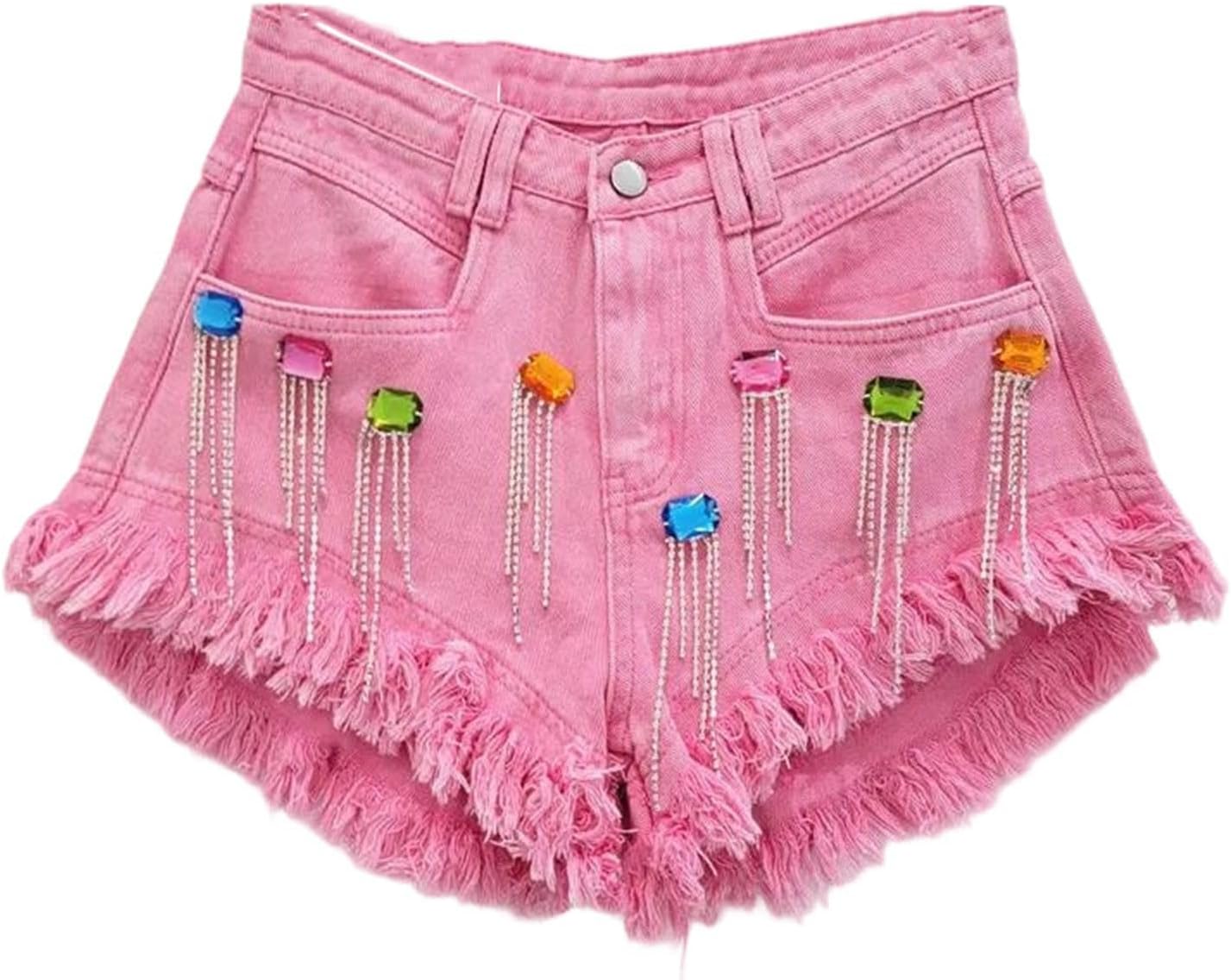 Women High Waist Beaded Tassel Denim Shorts Summer Straight Fit A-Line Fashion Short Pants