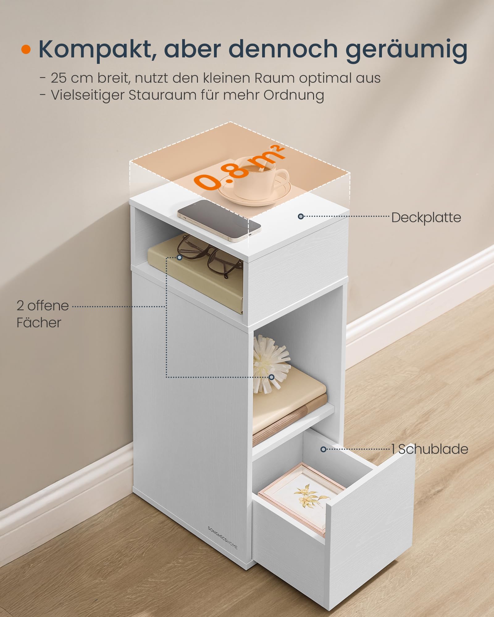 SONGMICS HOME Nachttisch, superschnelle werkzeuglose Montage, Toolless-Technologie, Nachtschrank mit Schublade, Beistelltisch schmal, platzsparend, 30 x 25 x 59,4 cm, Schneeweiß LET911WE01