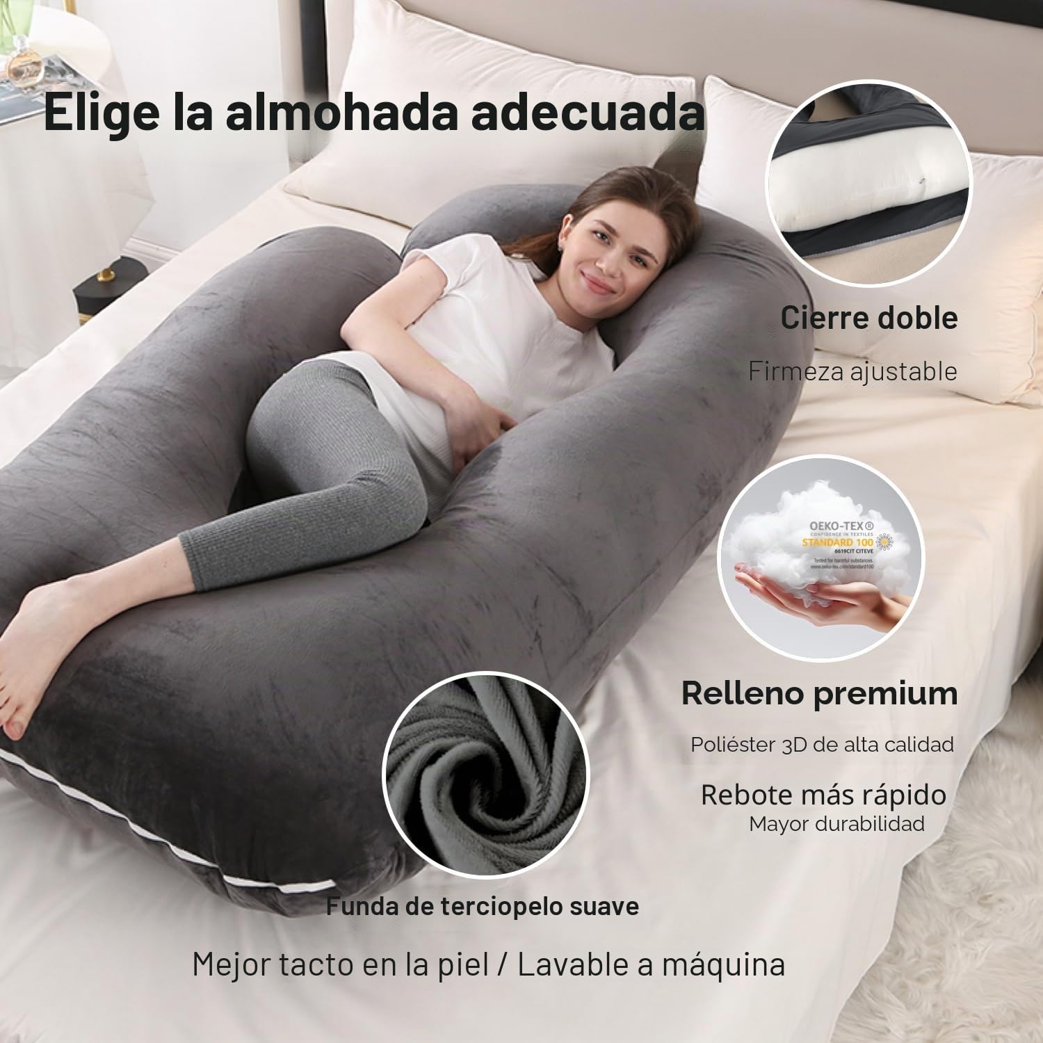 ALLOPERA, cojín de Embarazo 145 cm – Soporte para piernas, Espalda, Cuello, Hombros, Caderas, Abdomen para Mujeres Embarazadas, con Funda extraíble y Lavable de Terciopelo (Gris-Negro)