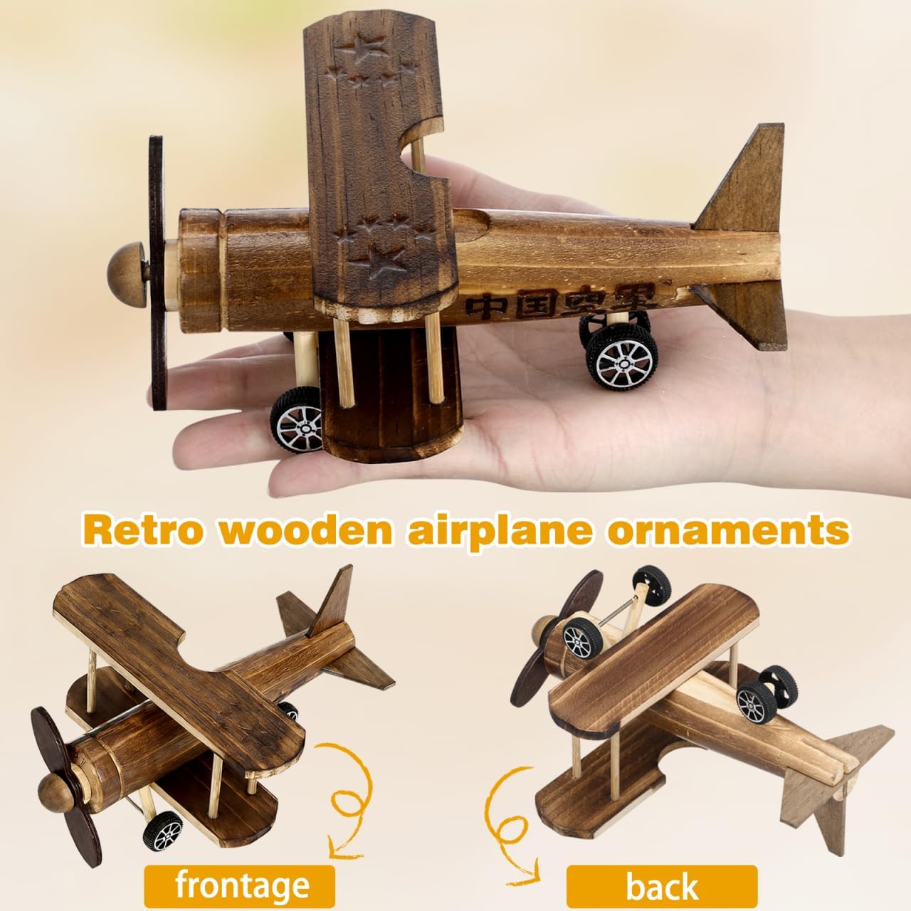 Vintage Wooden Airplane Model Handcrafted Biplane Figurine for Desktop Decoration Rustic Home Ornament Unique Collectible for Office and Home Decor