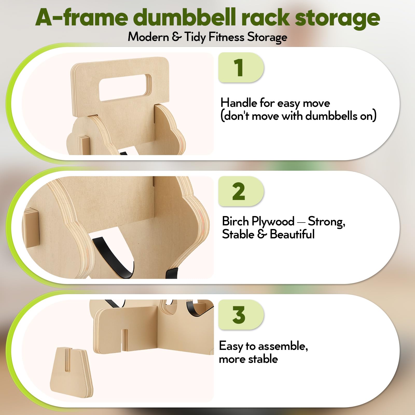 Hantelständer aus Holz, 4-stufiges Hantelregal für Neopren- & Vinyl-Hanteln, platzsparender Kurzhantelständer für Heimtrainingsraum und Home Gym, belastbar bis ca. 41 kg, mit Antirutsch-Ablage