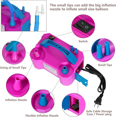 Miniatura 2 de WYLOSUA Bomba eléctrica portátil de doble boquilla para globos, diseño de boquilla doble, modo de empuje hacia abajo y continuo, inflado rápido para