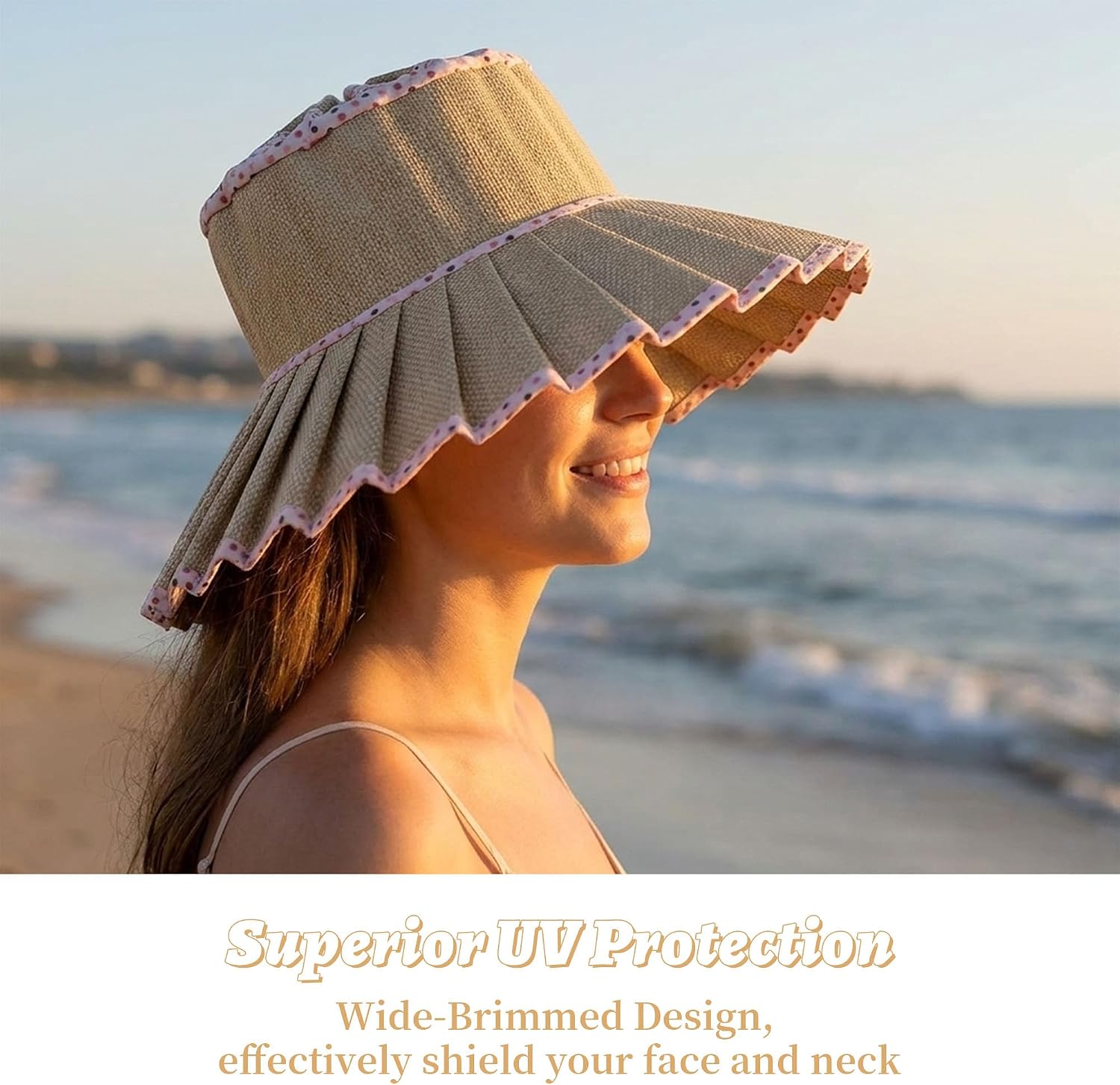 Women's Summer Outdoor Hat - Reversible Pleated Straw Sun Hat, Foldable Casual Beach Wide Brim Lampshade Hats