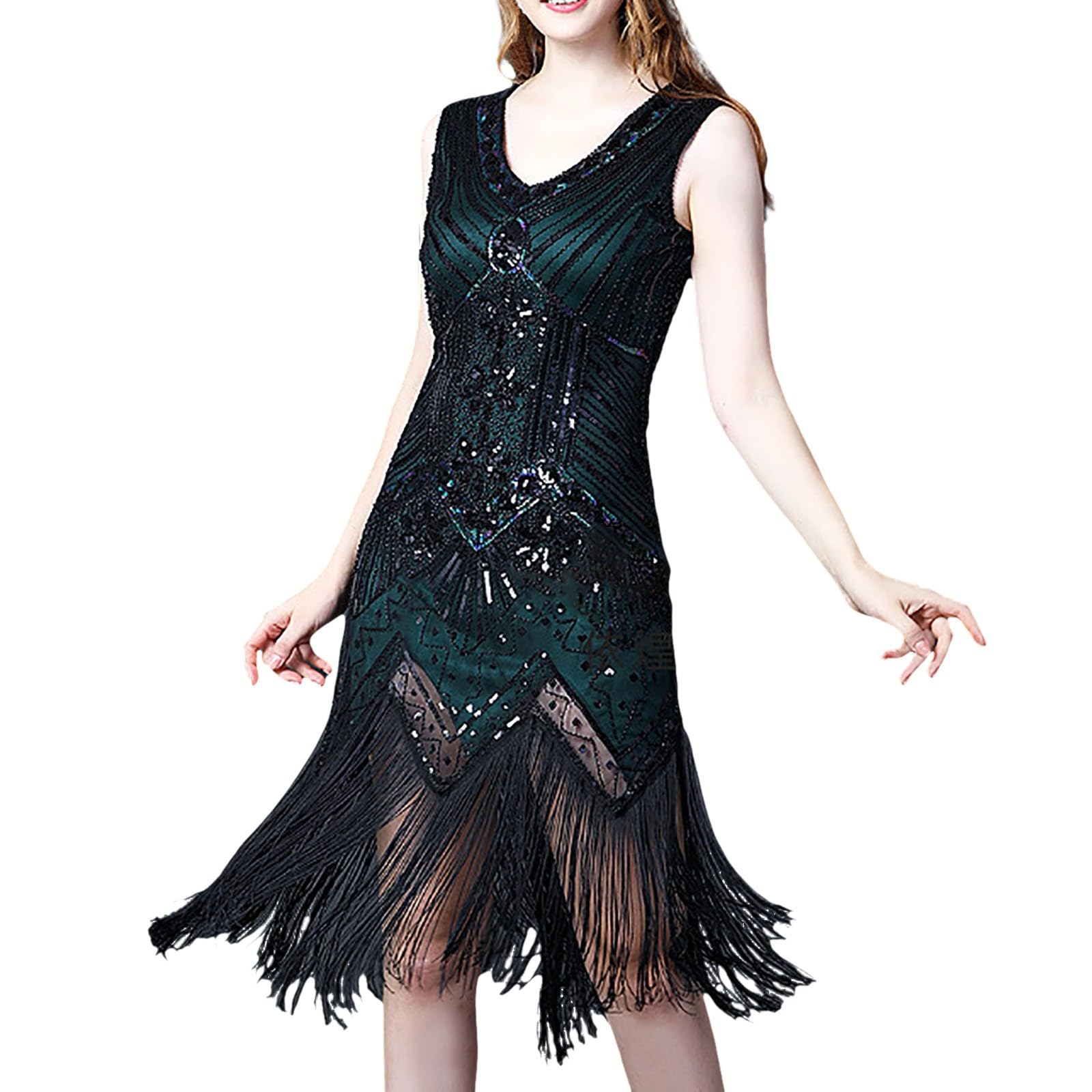 Generisch Abito da donna con paillettes metallizzate, schiena scoperta, vestito da ballo latino con guanti, abito glitterato, mini abito sexy con paillettes, abito da festa, abito con frange
