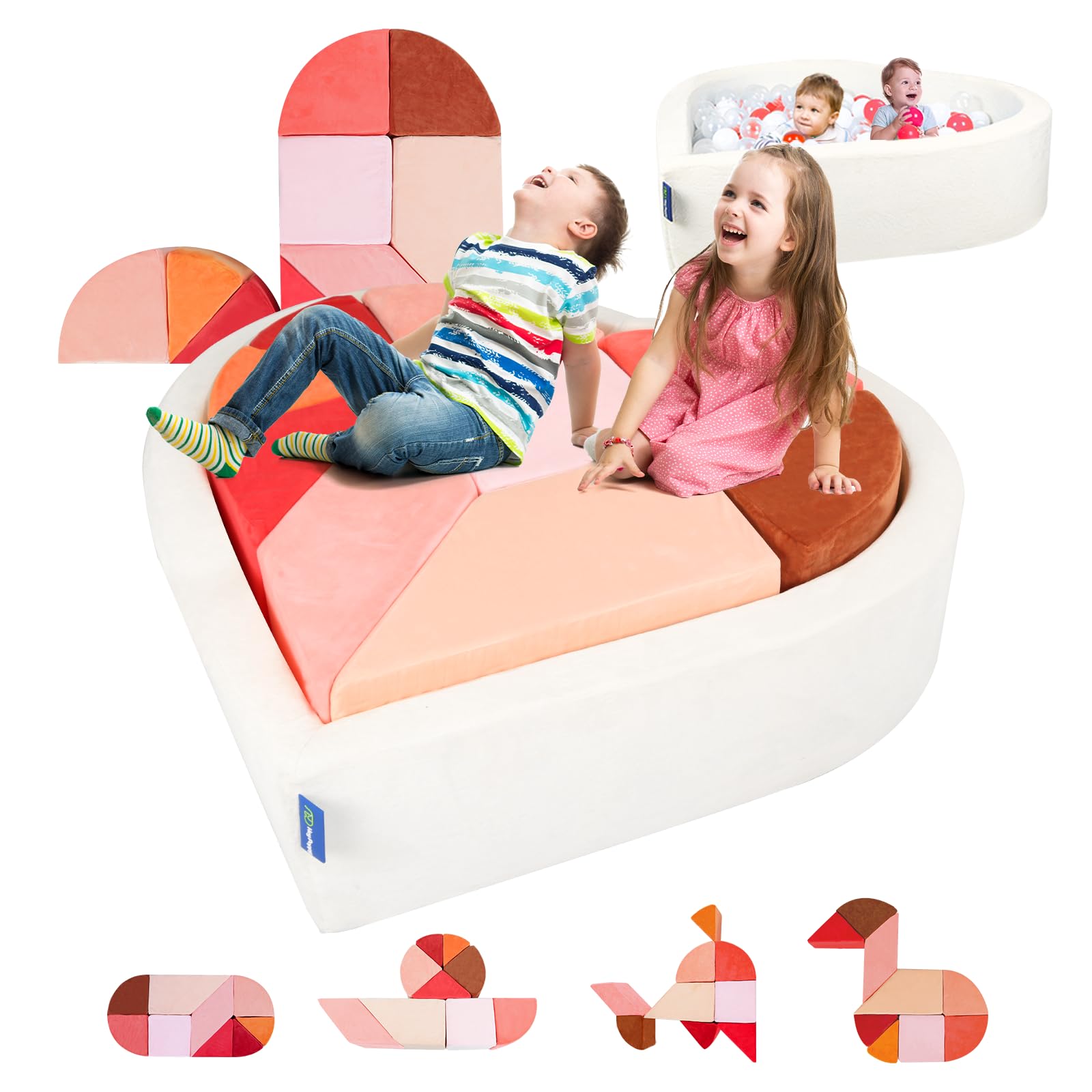 Heypappy Canapé Modulaire pour Enfants,2-en-1 Forme Cœur avec Piscine à Balles Unique - Canapé Enfant de Jeu Tangram pour Salle de Jeux - Inspire la Créativité