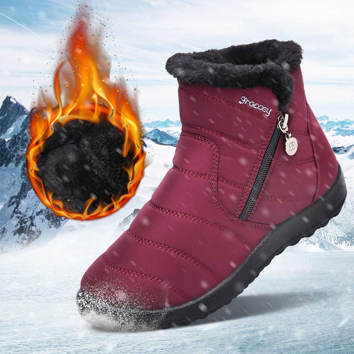 gracosy Warm Snow Boots Outdoor for Women, Winter Warm Boots Women Anti-Slip Winter Bootie Fur Lined Warm Ankle Boots Waterproof Slip on Outdoor Shoes