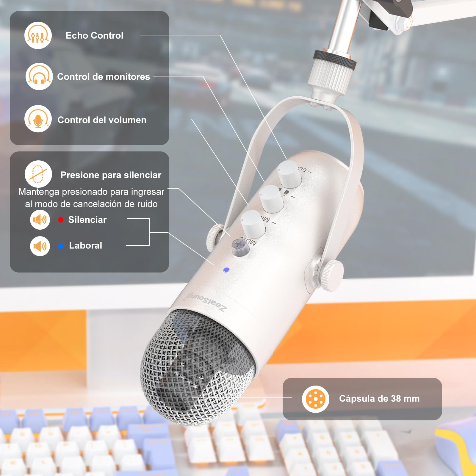 ZealSound Kit de micrófono gaming,micrófono USB de condensador con brazo articulado,micrófono cardioide,botón de silencio,eco,monitoreo, micrófono para teléfono,PC,podcasts,video,chat en línea(Blanco)