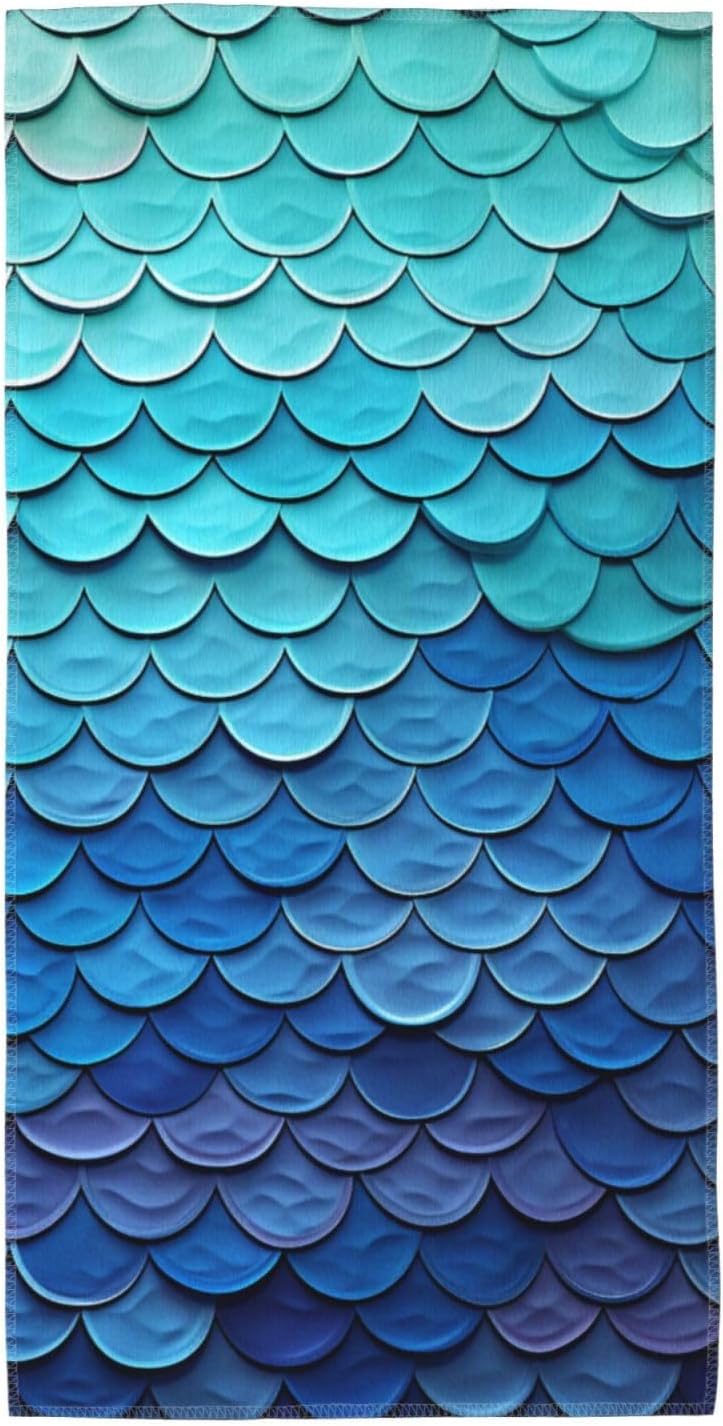Ocean Sea Blue Mermaid Fish Scale Bath Towels 13.8″x27.5″ Lightweight Microfiber Fingertip Hand Towels Wash Coths Quick Dry Absorbent Gym Towel Ultra Soft Beach Towel for Yoga, Hotel, Spa, Travel