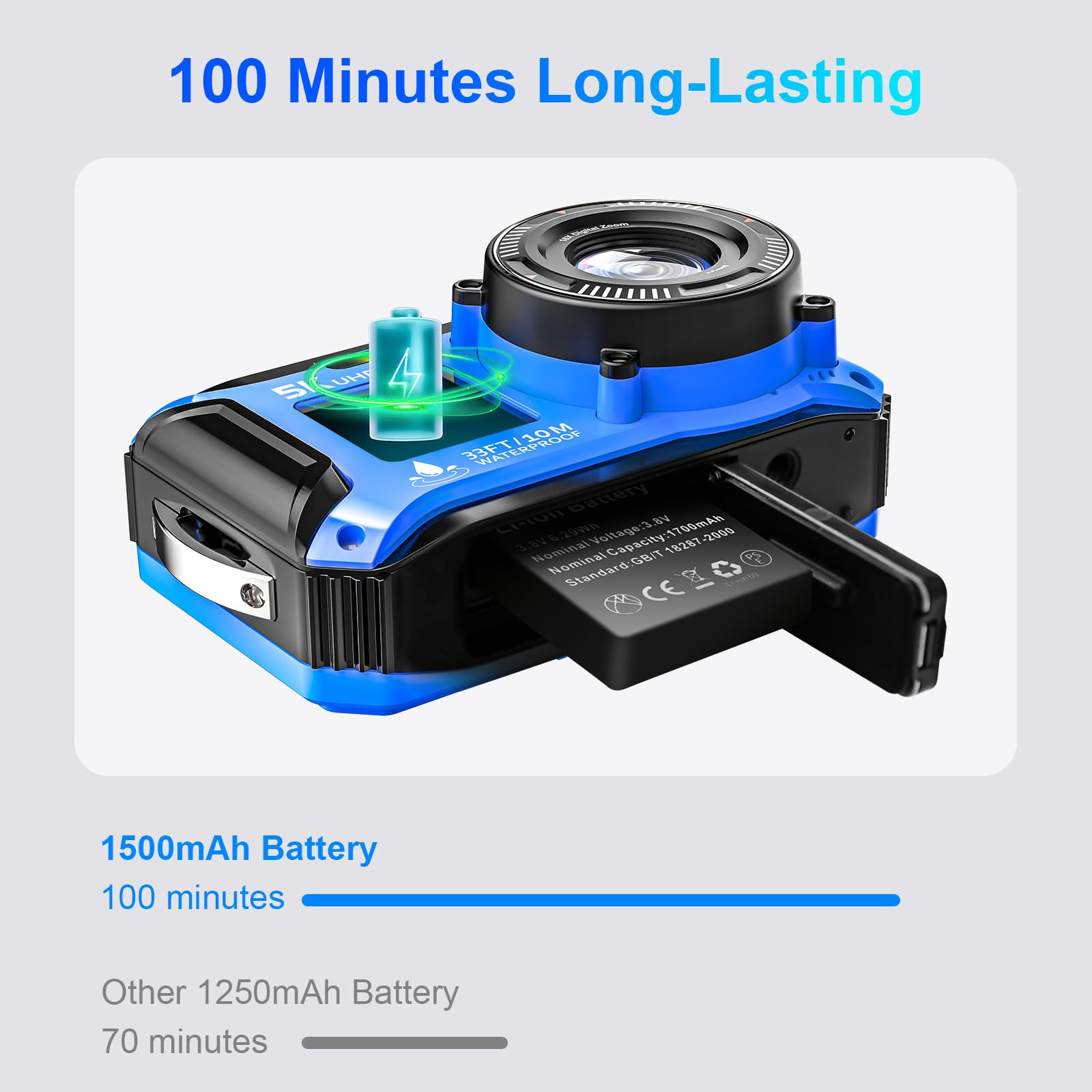Unterwasserkamera 5K 64MP wasserdicht 33FT Autofokus Digitalkamera 1500mAh Akku