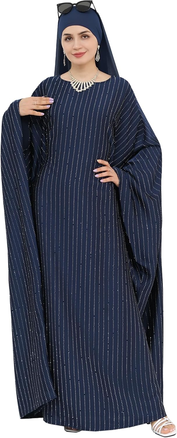 Muslim Abaya Dress 1Piece Bat Sleeve Kaftan Robe Women Islamic Maxi Dress Rhinestone Jilbab Eid Shiny Abaya(No scarf)