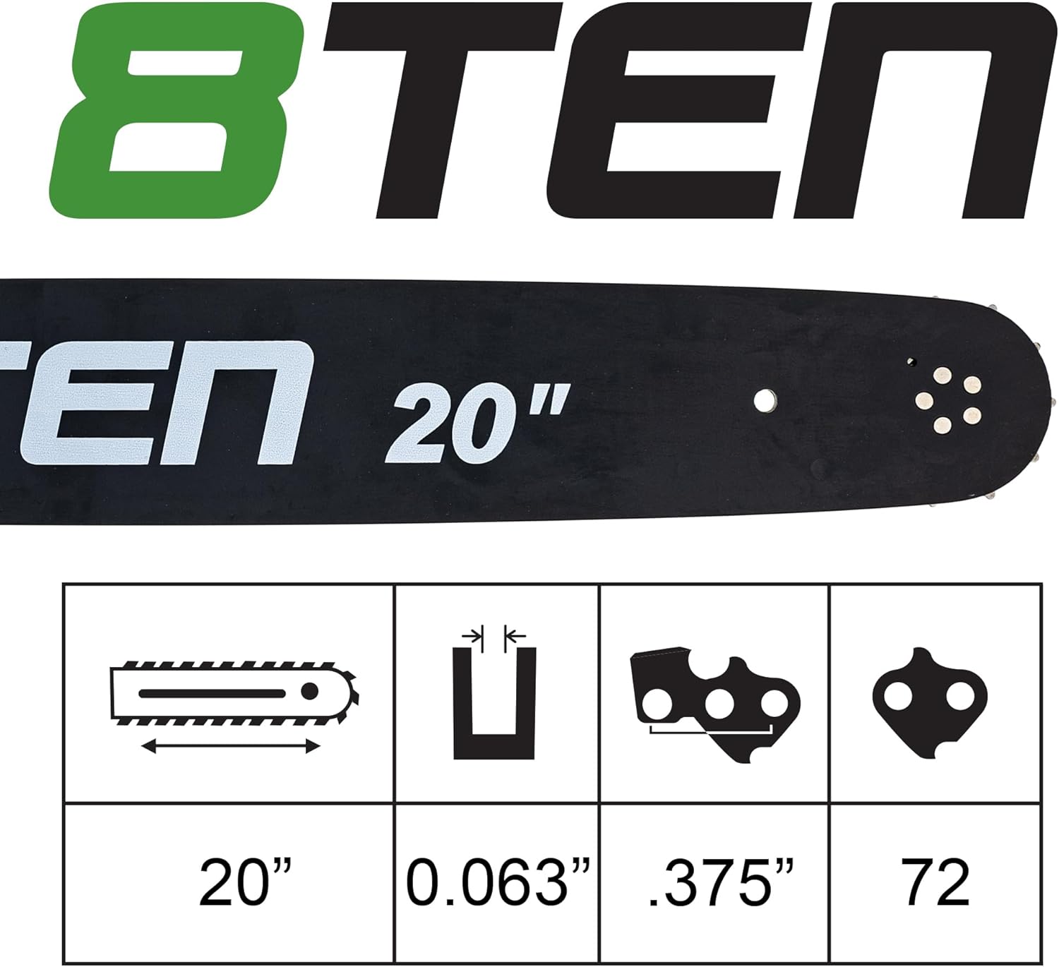 8TEN 20 Inch Chainsaw Guide Bar .063 3/8 72DL Chain for Stihl MS660 MS440 MS460 066 MS360 MS880 MS290 044 Laminated