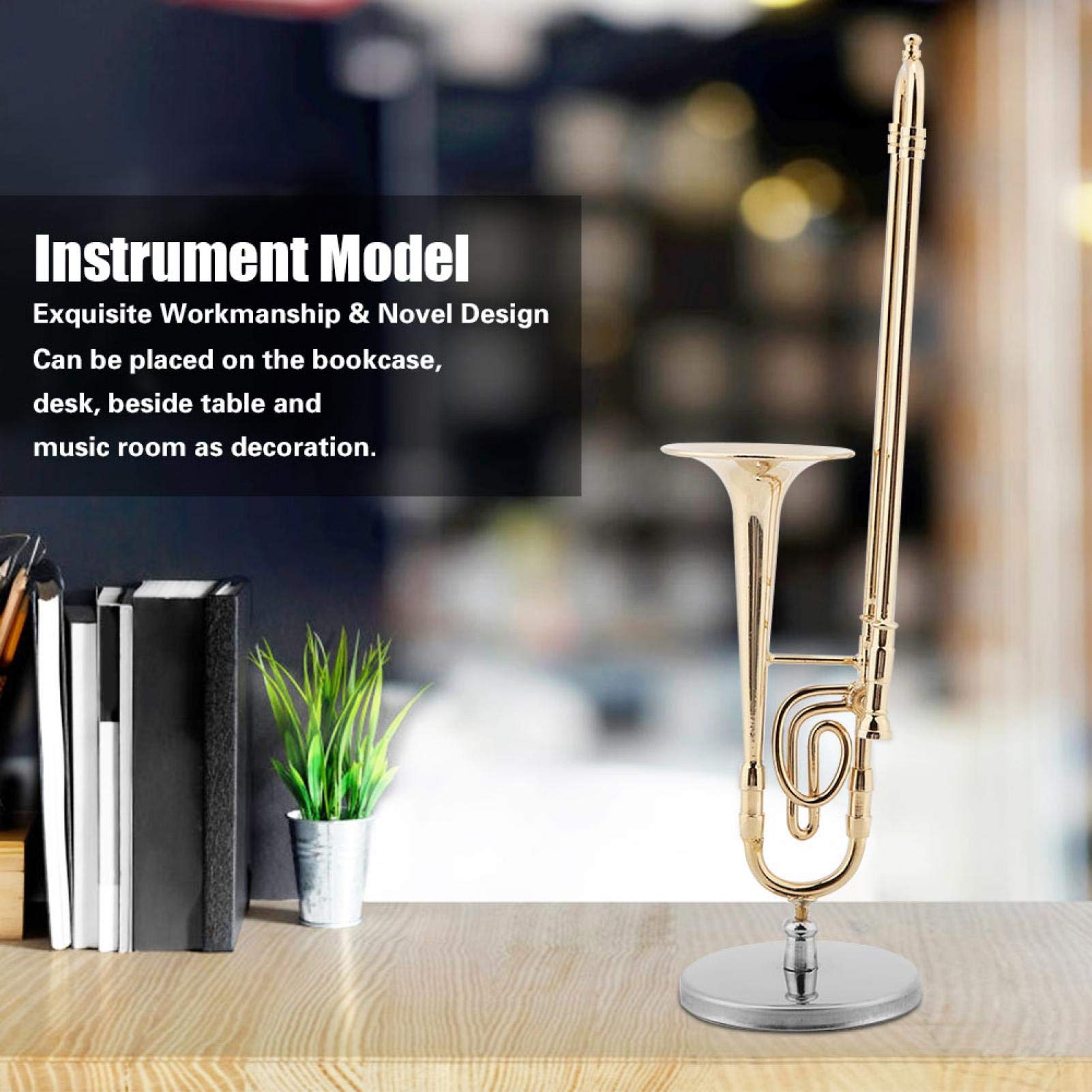 Strumenti in miniatura, modello musicale per Natale e di compleanno, trombone in ottone dorato per accanto al tavolo Libreria da scrivania in sala da musica
