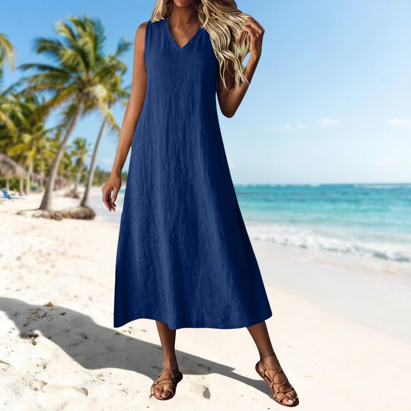 Boho Dress Abito Lungo Elegante da Donna Estivo Senza Maniche con Scollo a V e Tasca Posteriore con Cerniera. Abito Giallo