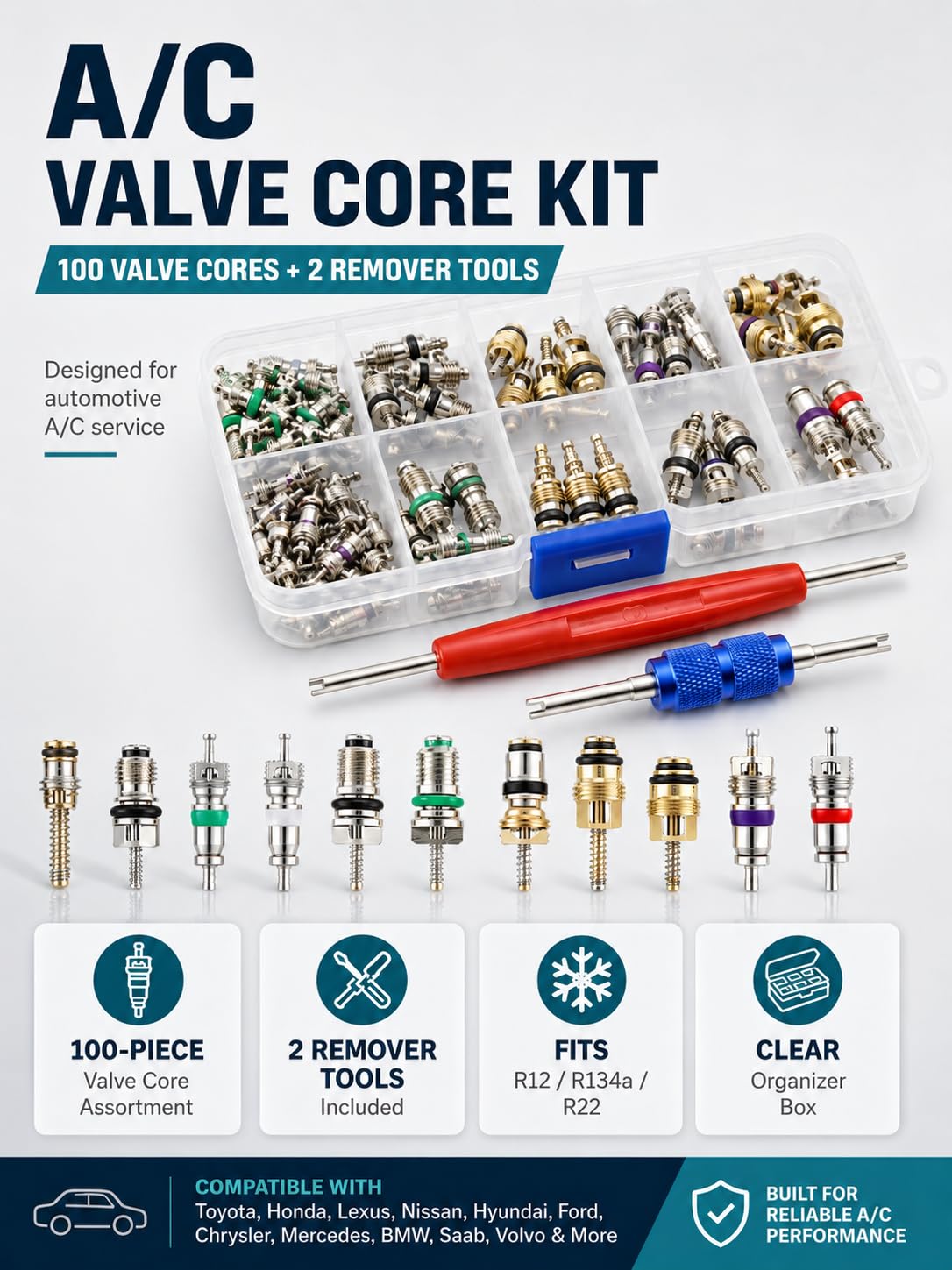 VOBOR Obus Aire Acondicionado, 102Pcs A/C Valvula R12 R134A Aire Acondicionado Coche, Válvula de Neumático Núcleos de Vástago Herramienta Remover Surtido Kit