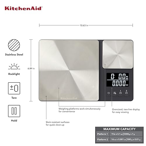 Miniatura 4 de KitchenAid KQ909 Dual Platform Digital Kitchen and Food Scale, 11 pound capacity and Precision 16oz capacity, Black with Stainless Steel
