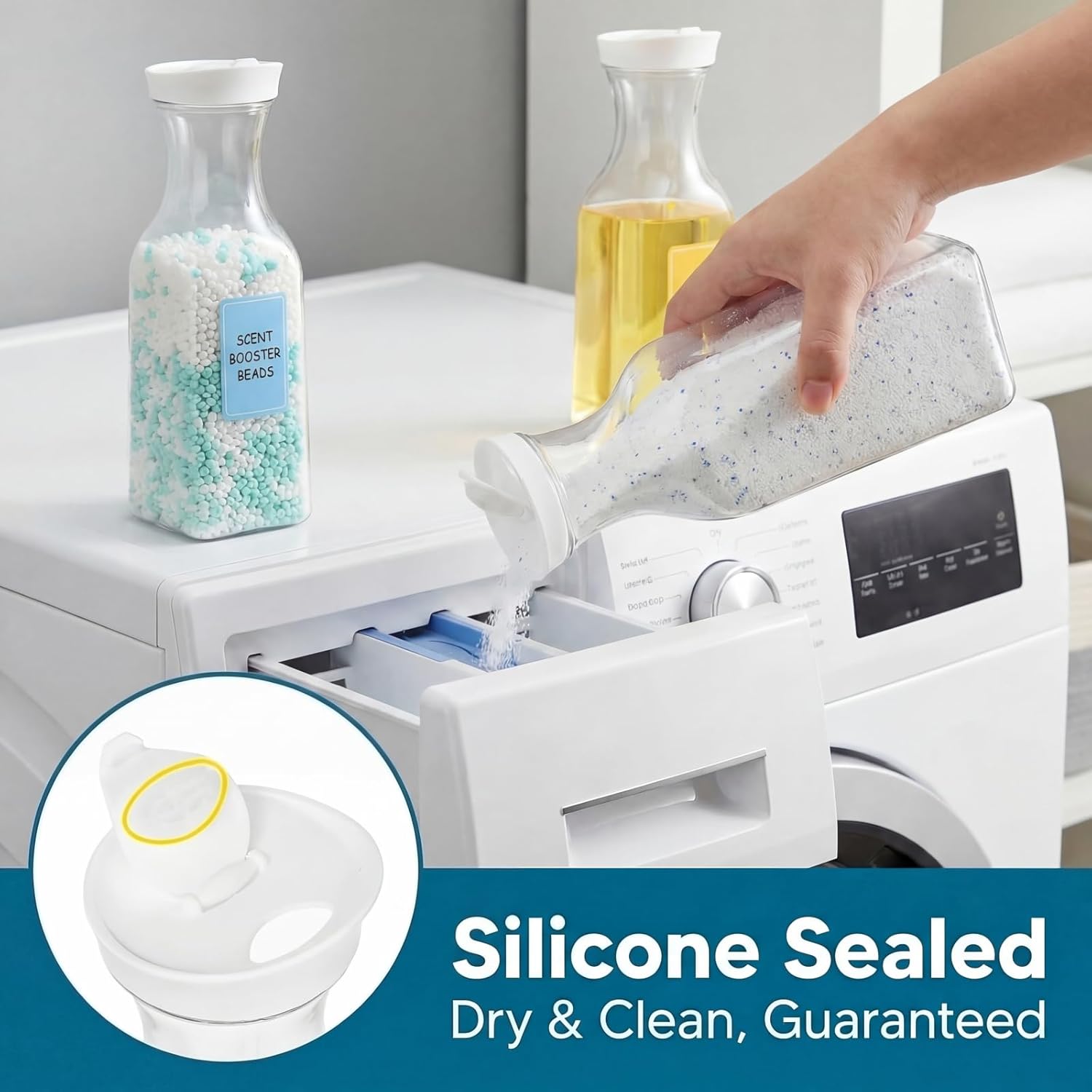 Goaste 8 Pack Laundry Detergent Dispenser, 54oz Laundry Soap Dispenser Bottle with Waterproof Label, Liquid Laundry Detergent Container, Plastic Fabric Softener Organizer for Bleach Powder Beads